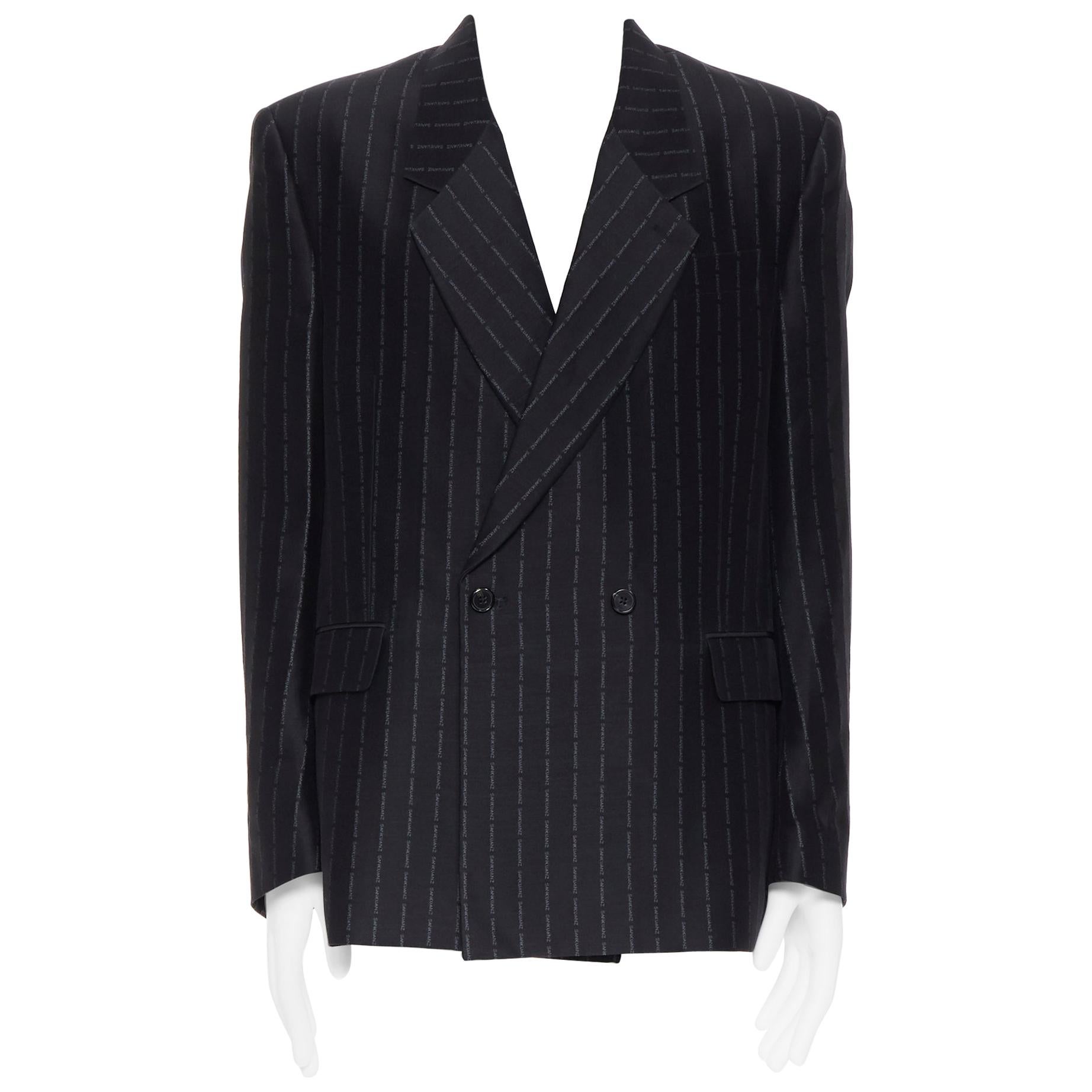 SANKUANZ black logomania jacquard pinstripe boxy double breasted blazer jacket M