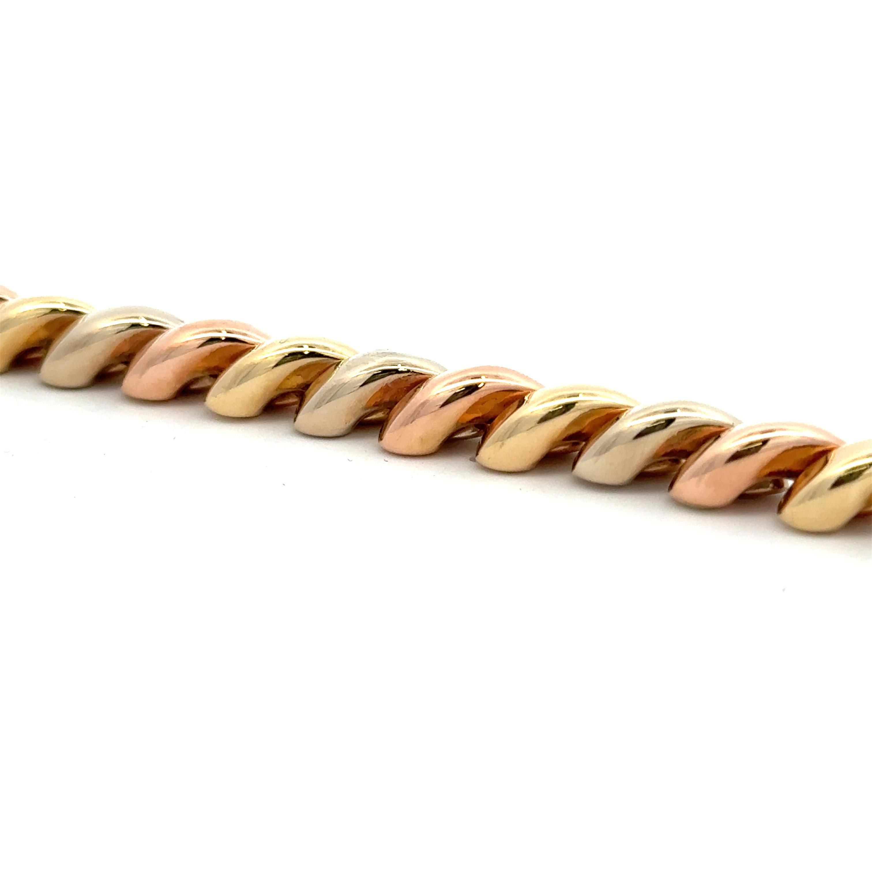 Women's SanMarco Tri-Color Gold Link Bracelet 22.7 Grams 14 Karat Gold 7.38 Inches Italy For Sale