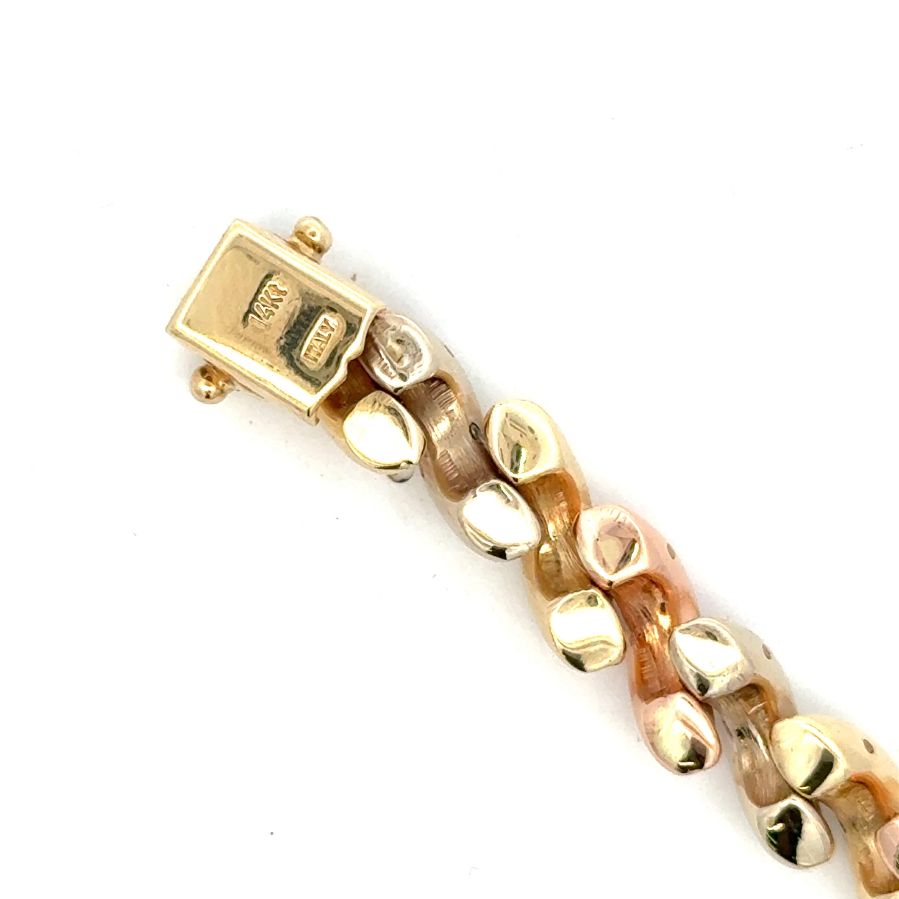 SanMarco Tri-Color Gold Link Bracelet 22.7 Grams 14 Karat Gold 7.38 Inches Italy For Sale 1