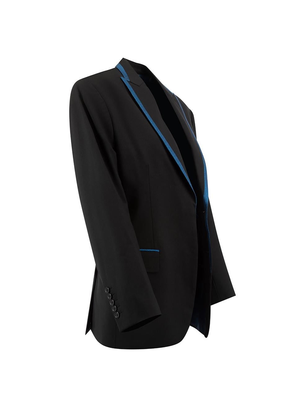 CONDITION is Very good. Minimal wear to blazer is evident. The buttons are missing on this used Sanne designer sample item. 



Details


Designer sample item

Black

Wool

Hip length blazer

Single breasted

Buttoned cuffs

Metallic blue