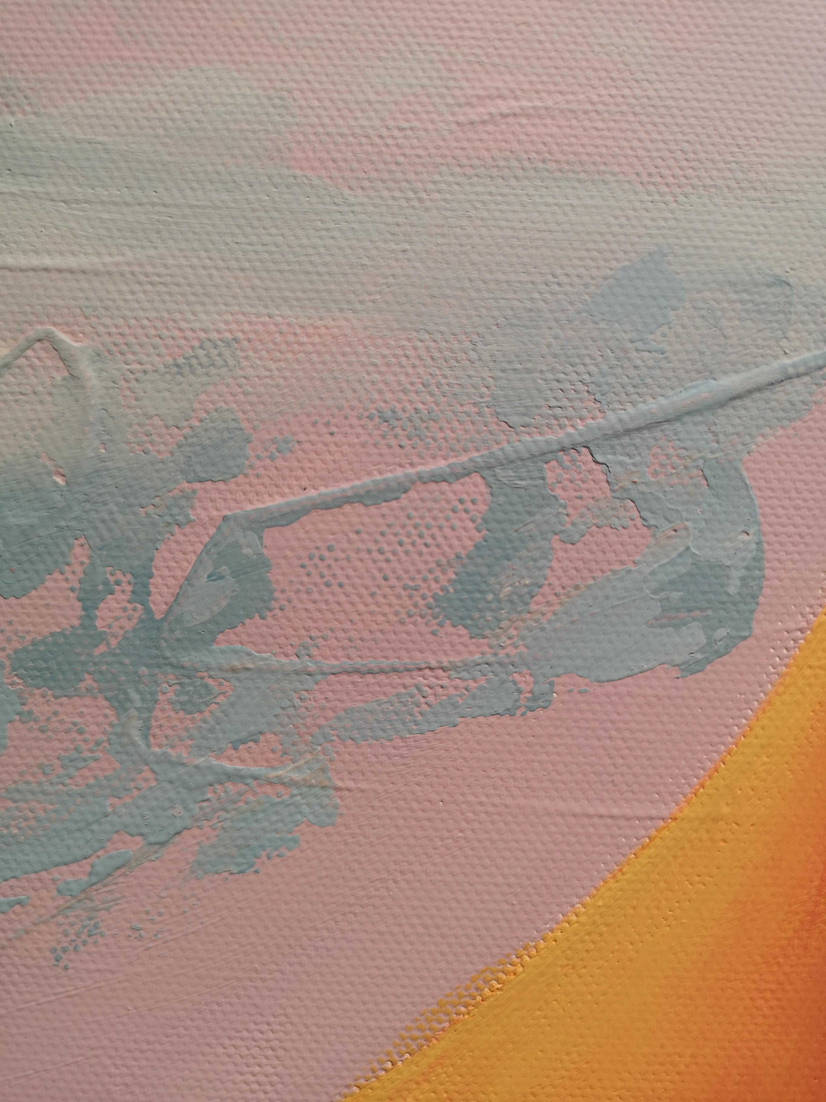 « Golden mountain », peinture acrylique futuriste originale. Paysage horizontal . - Futuriste Painting par Sanne Bleka