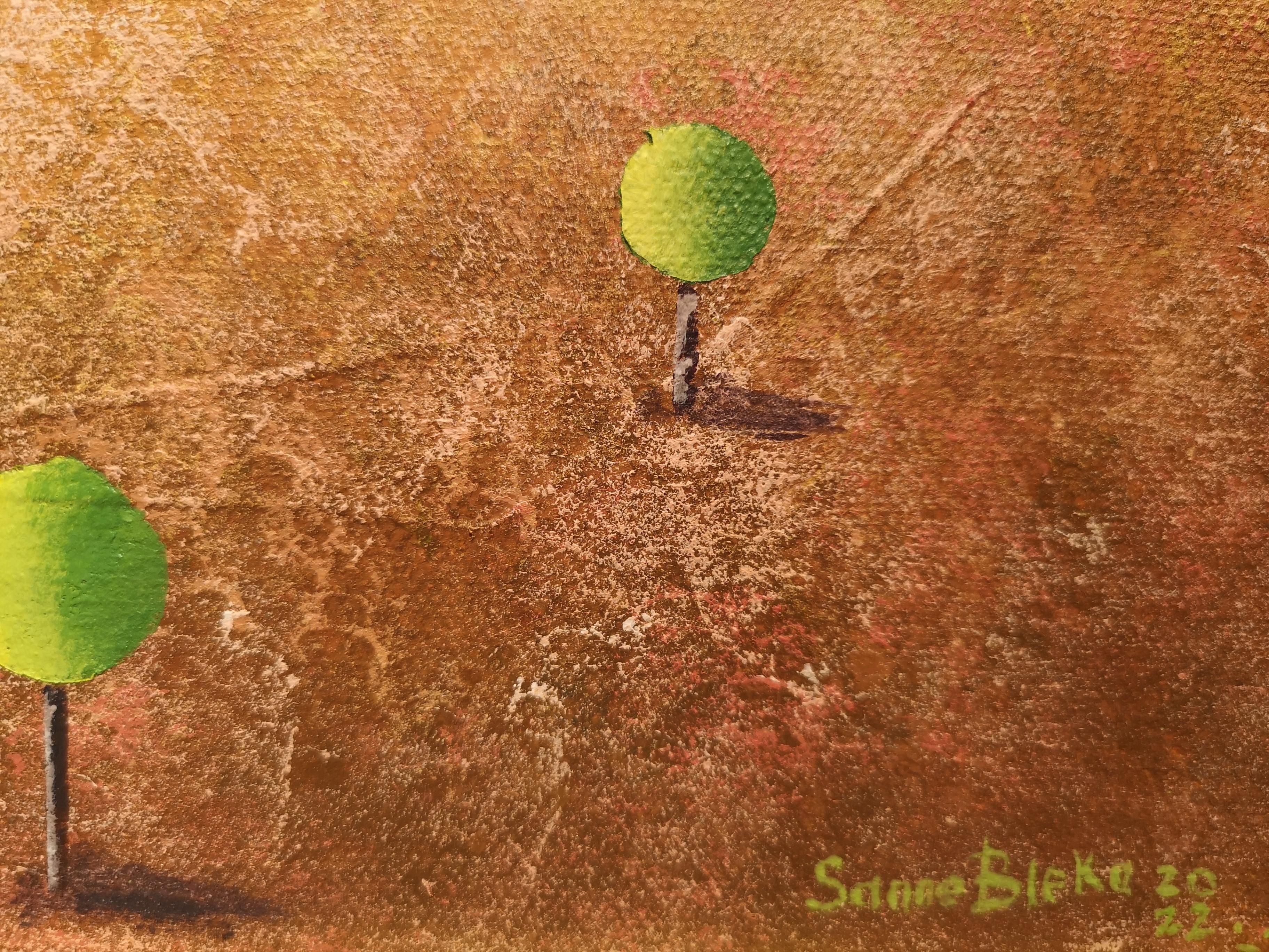 « Golden mountain », peinture acrylique futuriste originale. Paysage horizontal . - Marron Landscape Painting par Sanne Bleka