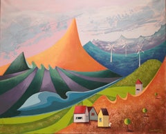 " Montaña dorada" Pintura acrílica futurista original . Paisaje horizontal .