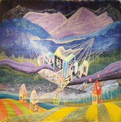 "Art Gallery" Original X-Large futuristic landscape. Mountains black yellow blue