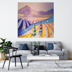 "Birth of the city" Original futuristic mountain landscape. Oil painting