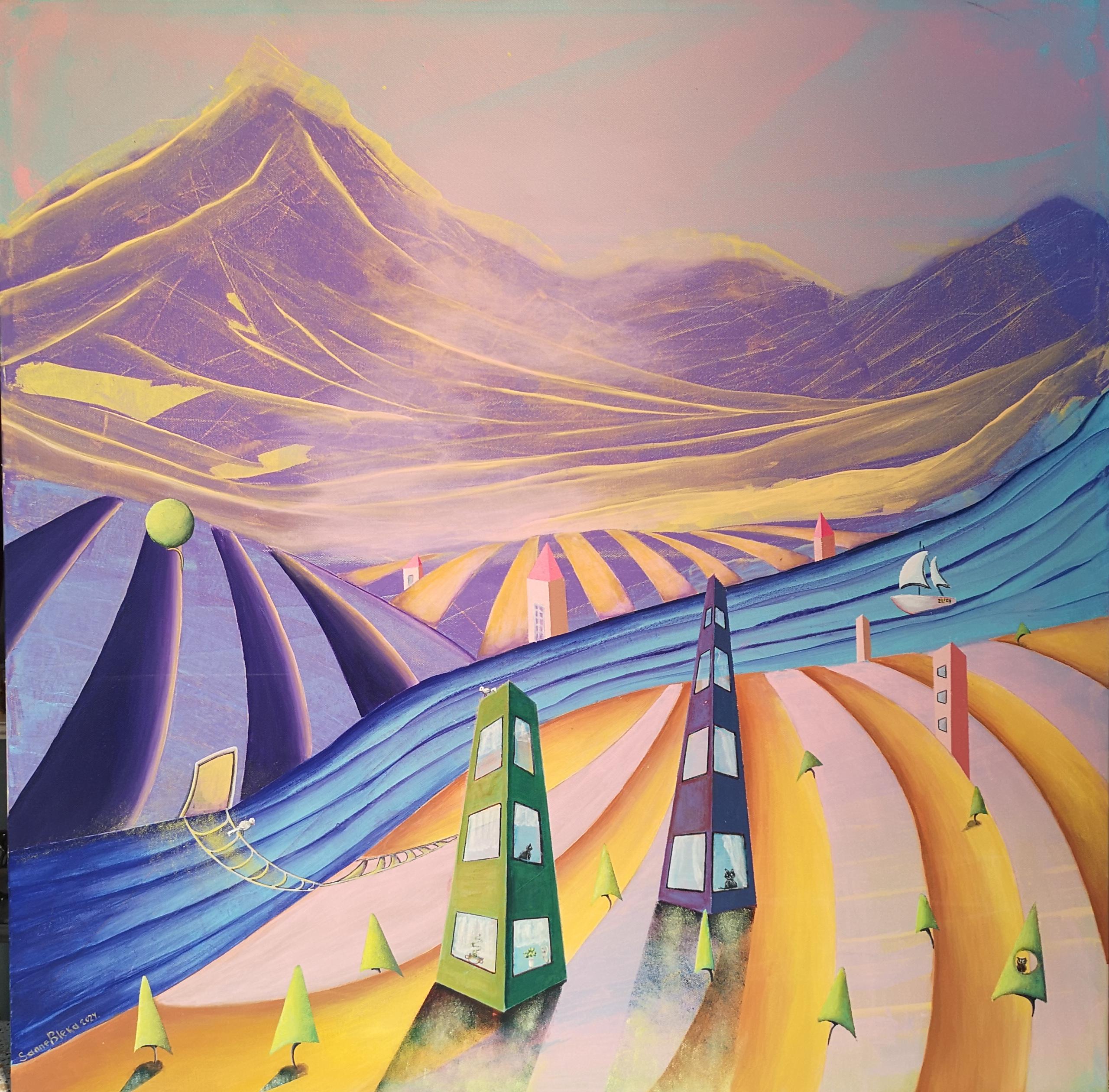 "Nascita della città" Originale paesaggio quadrato futuristico. Pittura a olio.