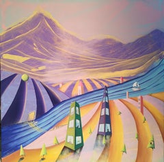 "Birth of the city" Original futuristic square landscape. Oil painting.