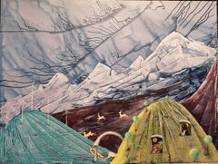 "Deer hunting" Original futuristic landscape. Oil painting.