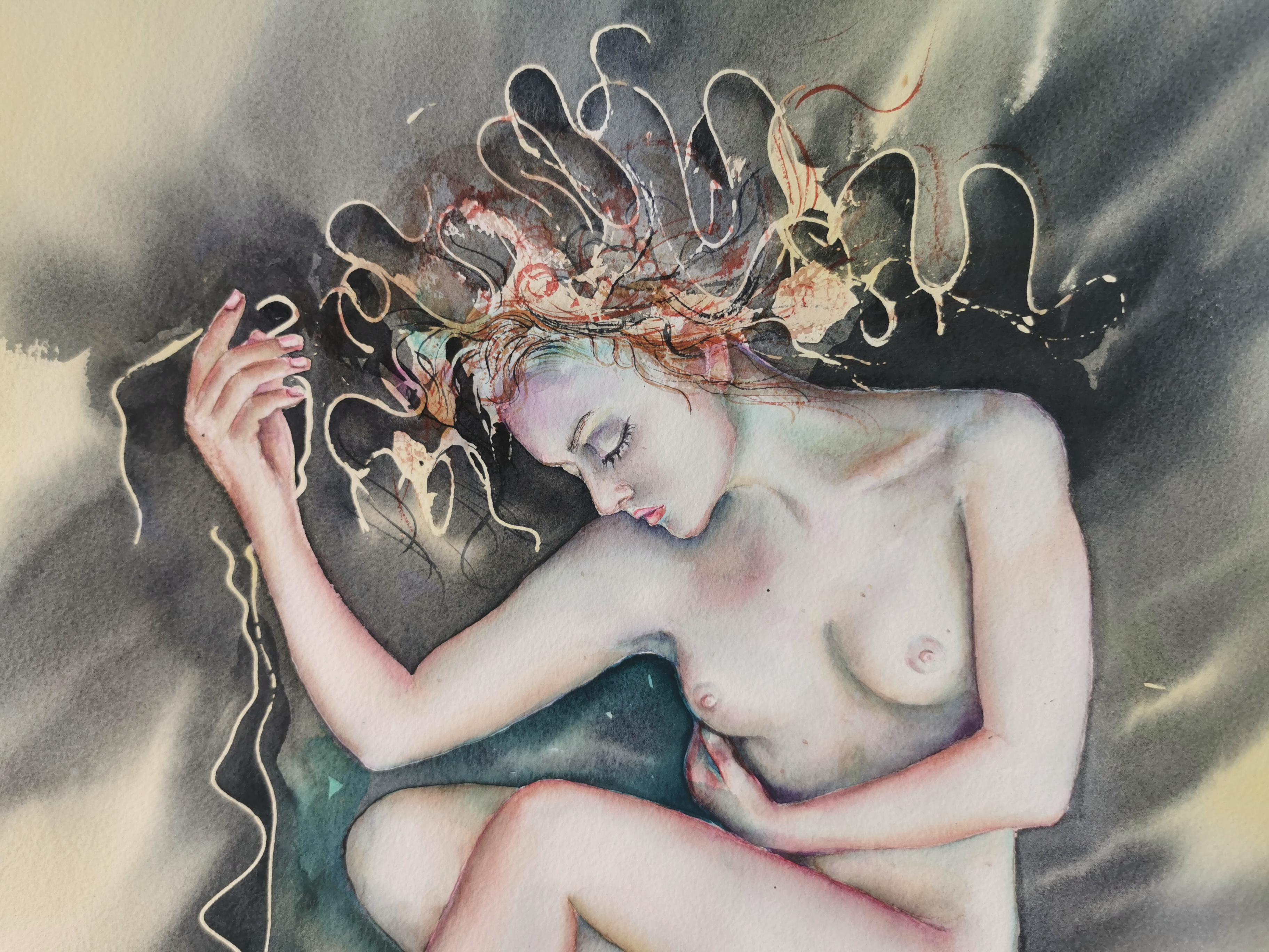Traum. Impressionismus. Aquarellierter Akt. Körper. Frau. Durchschnittliche Größe. Senkrecht – Art von Sanne Bleka