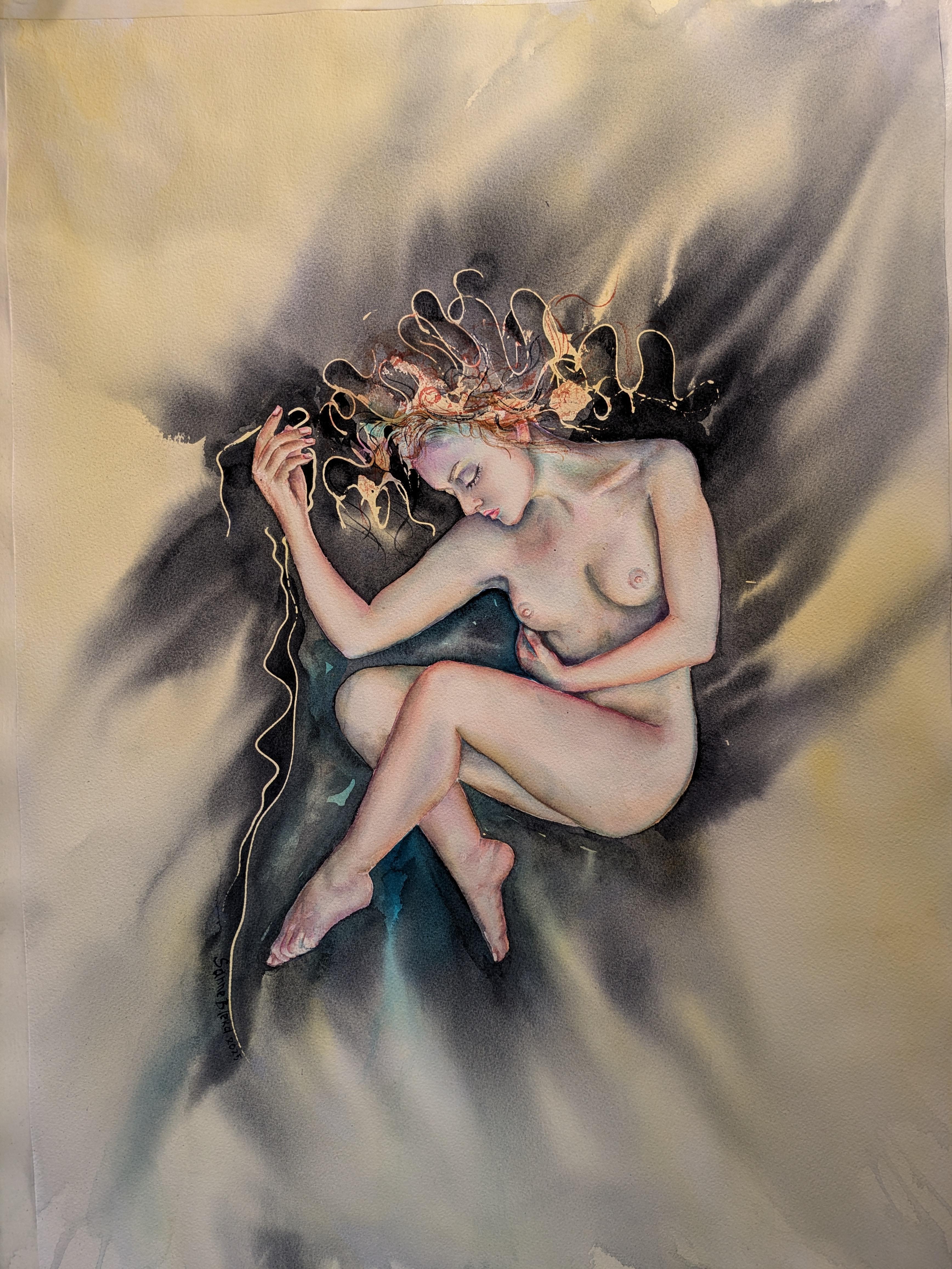 Traum. Impressionismus. Aquarellierter Akt. Körper. Frau. Durchschnittliche Größe. Senkrecht