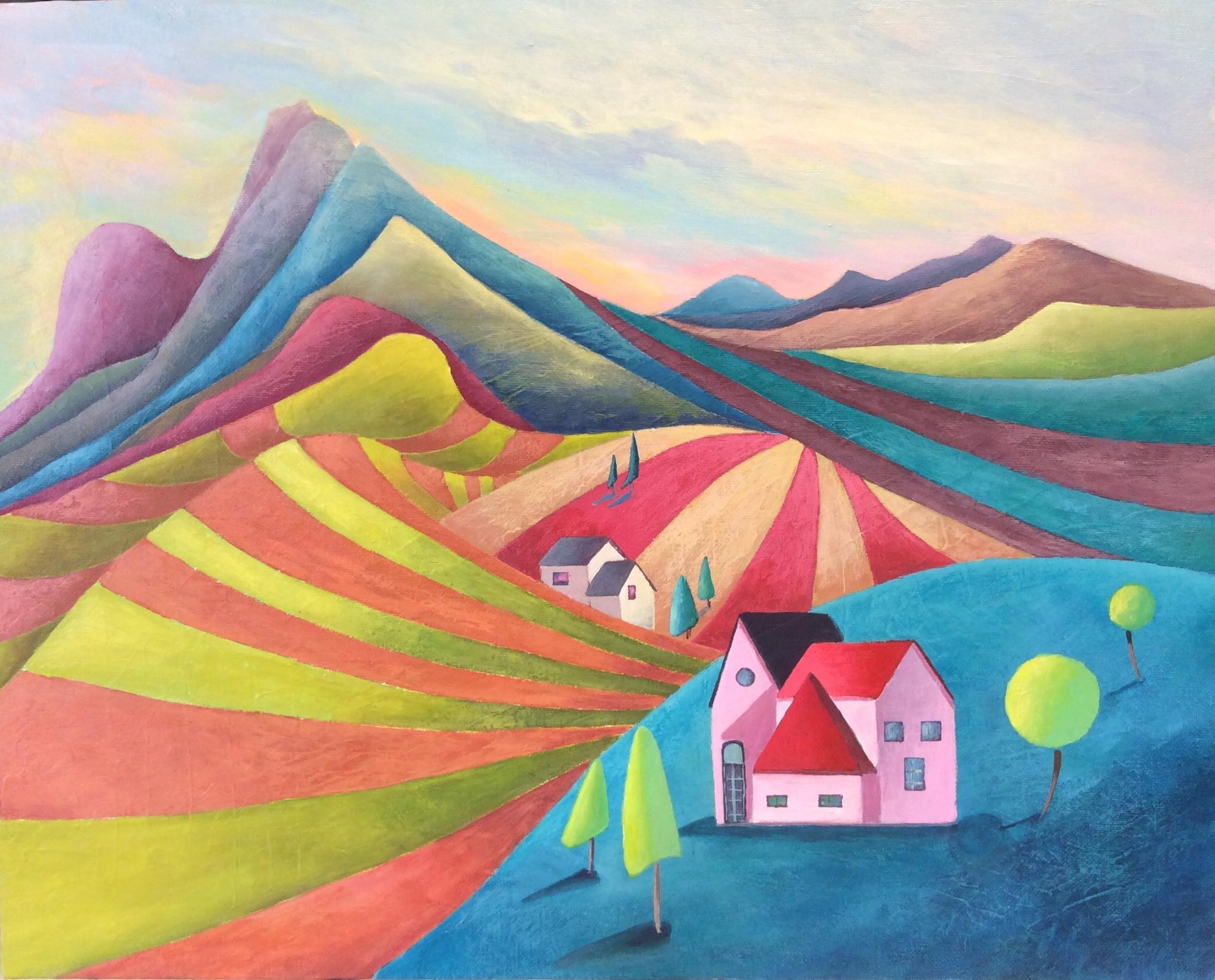 Sanne Bleka Abstract Painting – „Ekolandscape“ Original futuristische Landschaft. Leuchtende Farben