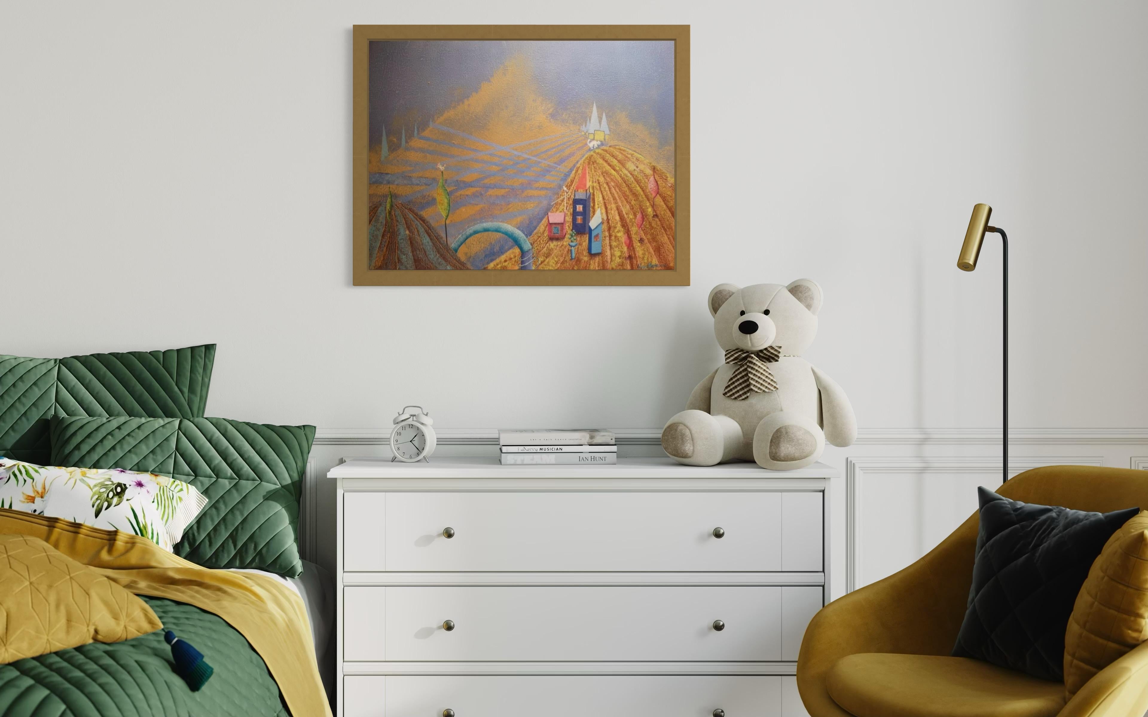 This work is the result of my observation of the pyrological landscape that i see every day. It changes colours and state. The bridge and the houses are a permanent component here, created by people. The painting creates a pleasant atmosphere in the