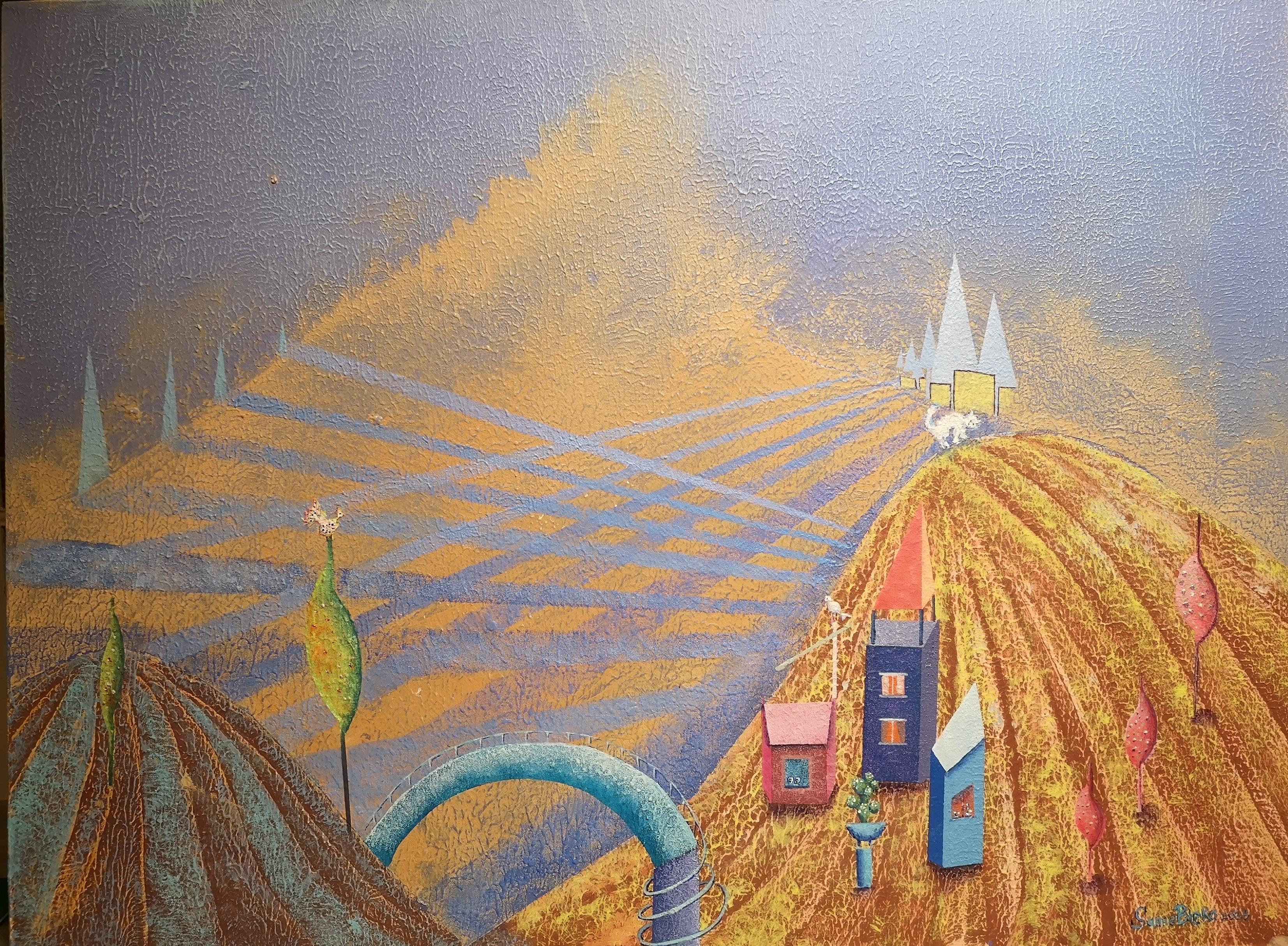 "Ghost mountain" Original futuristic landscape.Bright colours