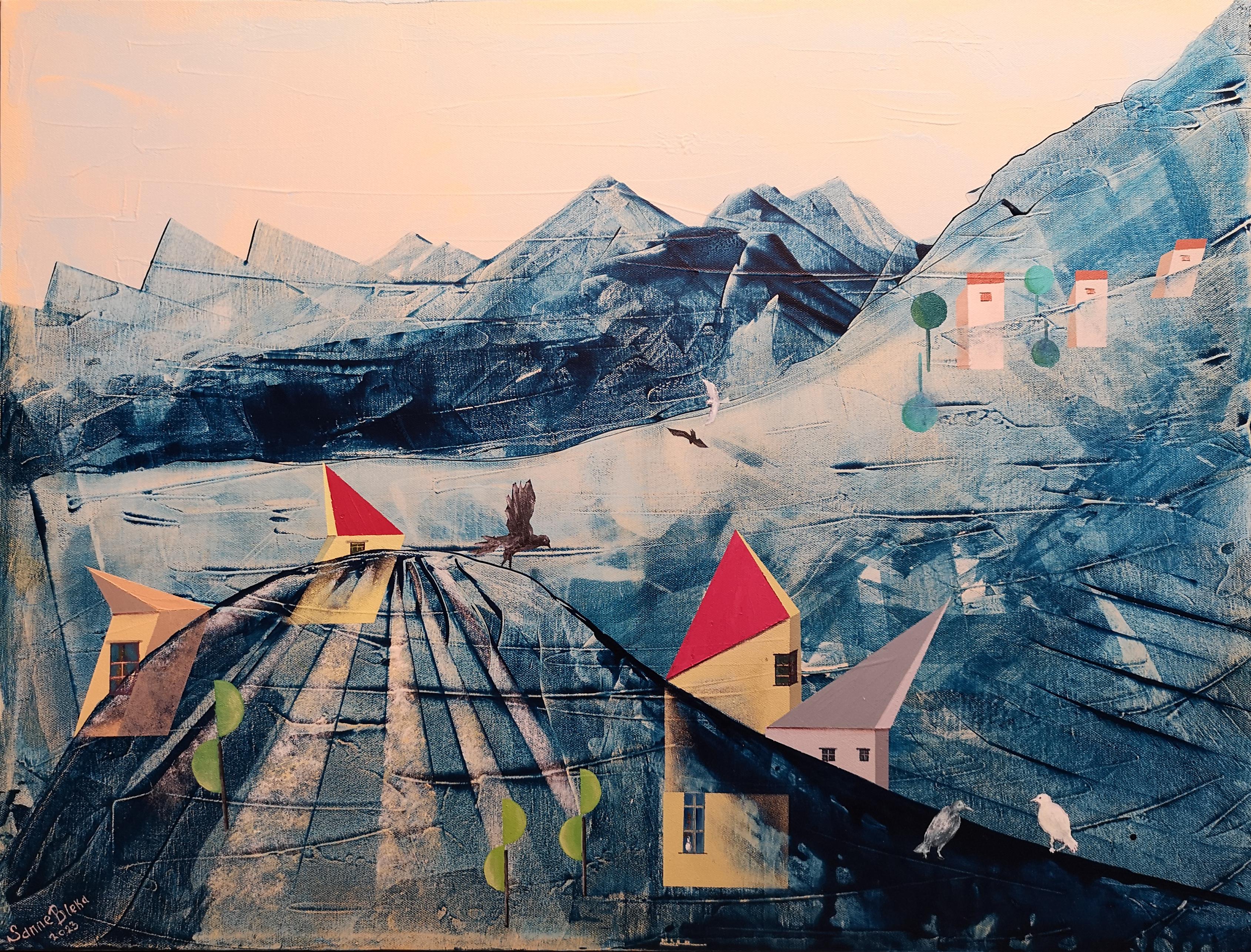 Landscape Painting di Sanne Bleka - "Città di ghiaccio" Paesaggio futuristico originale. Pittura ad olio orizzontale