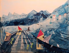 "Ciudad de hielo" Original paisaje futurista. Pintura al óleo horizontal
