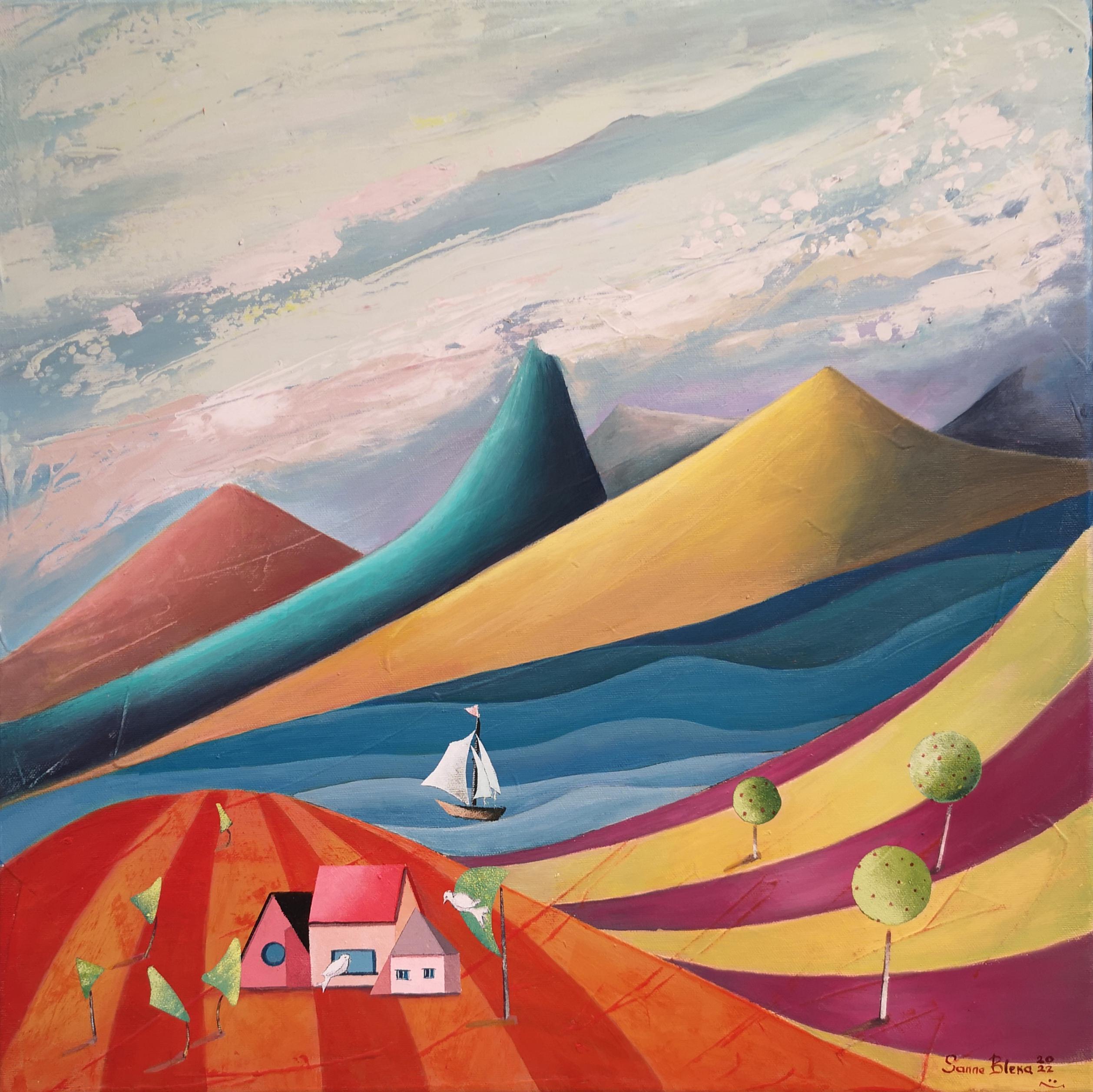 "Idillio della vita" Paesaggio futuristico originale. Pittura a olio.