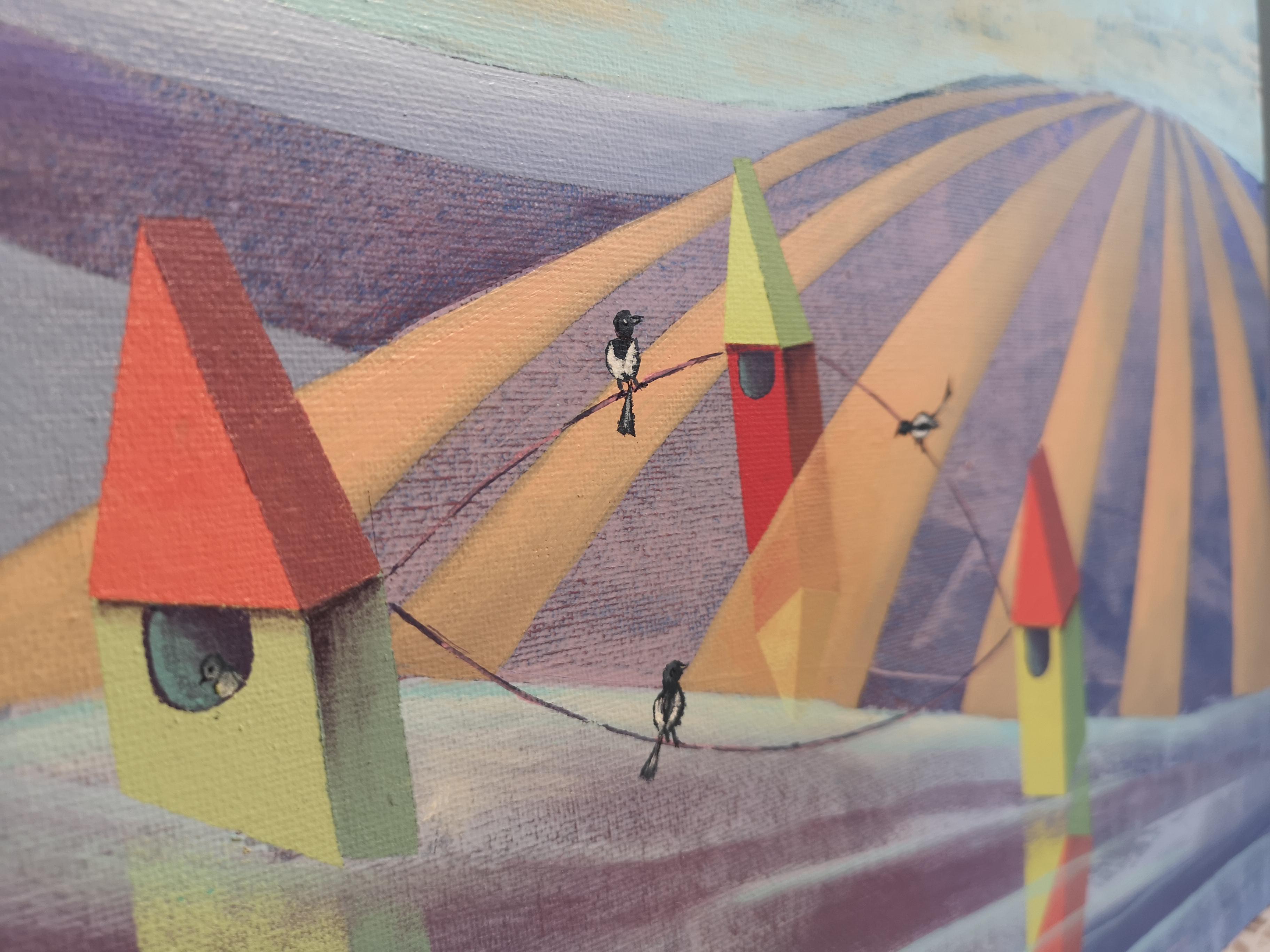 Meeting. Oil painting landscape, future, horizontal - Futurist Painting by Sanne Bleka