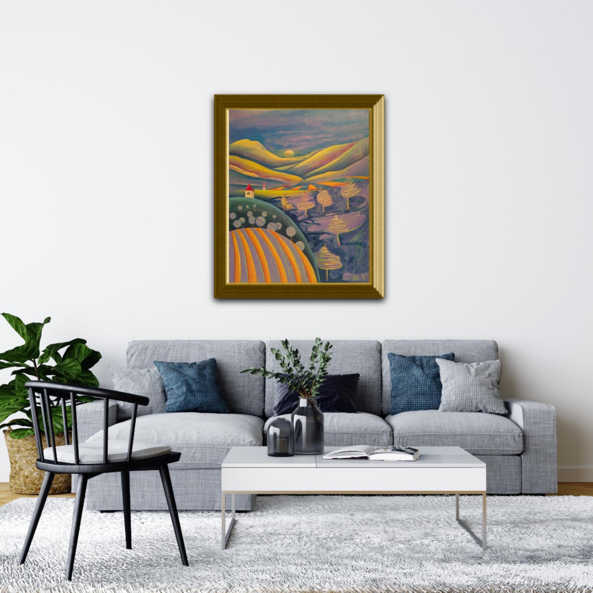 Notte al chiaro di luna. Montagne, strisce, verticale, viola, arancione, impressionismo - Painting di Sanne Bleka