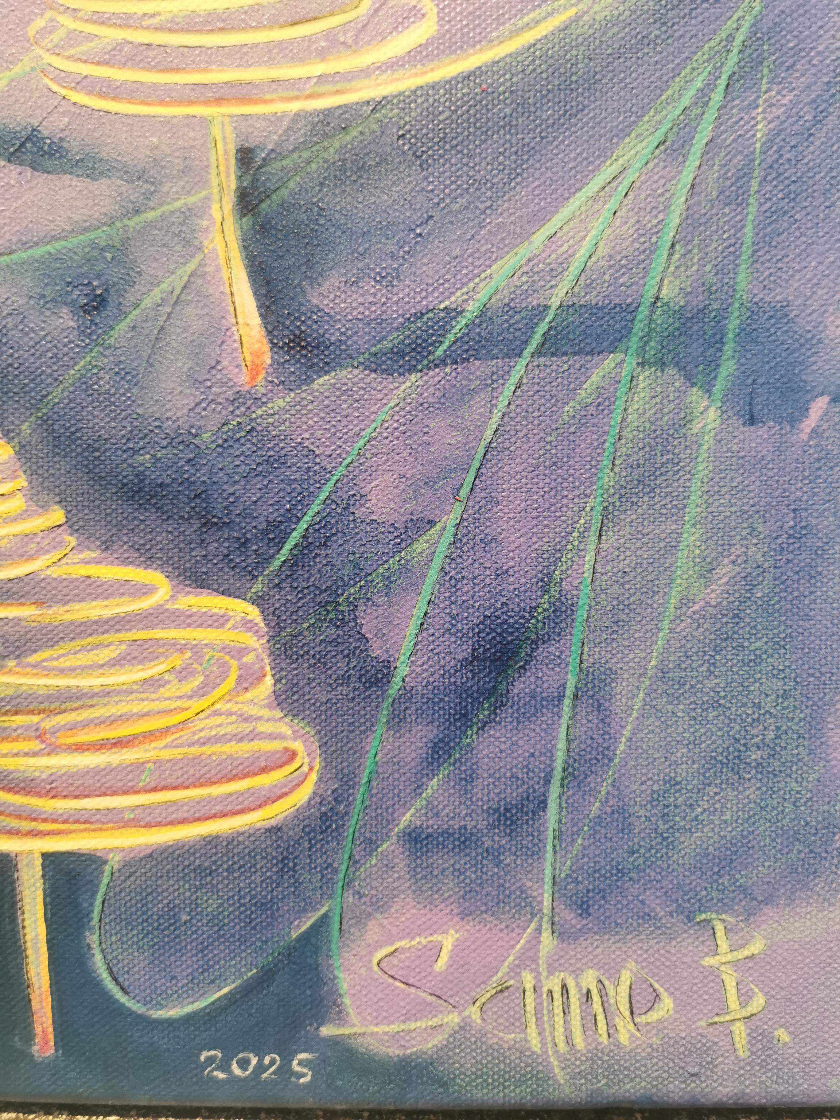 Notte al chiaro di luna. Montagne, strisce, verticale, viola, arancione, impressionismo - Abstract Painting Marrone di Sanne Bleka
