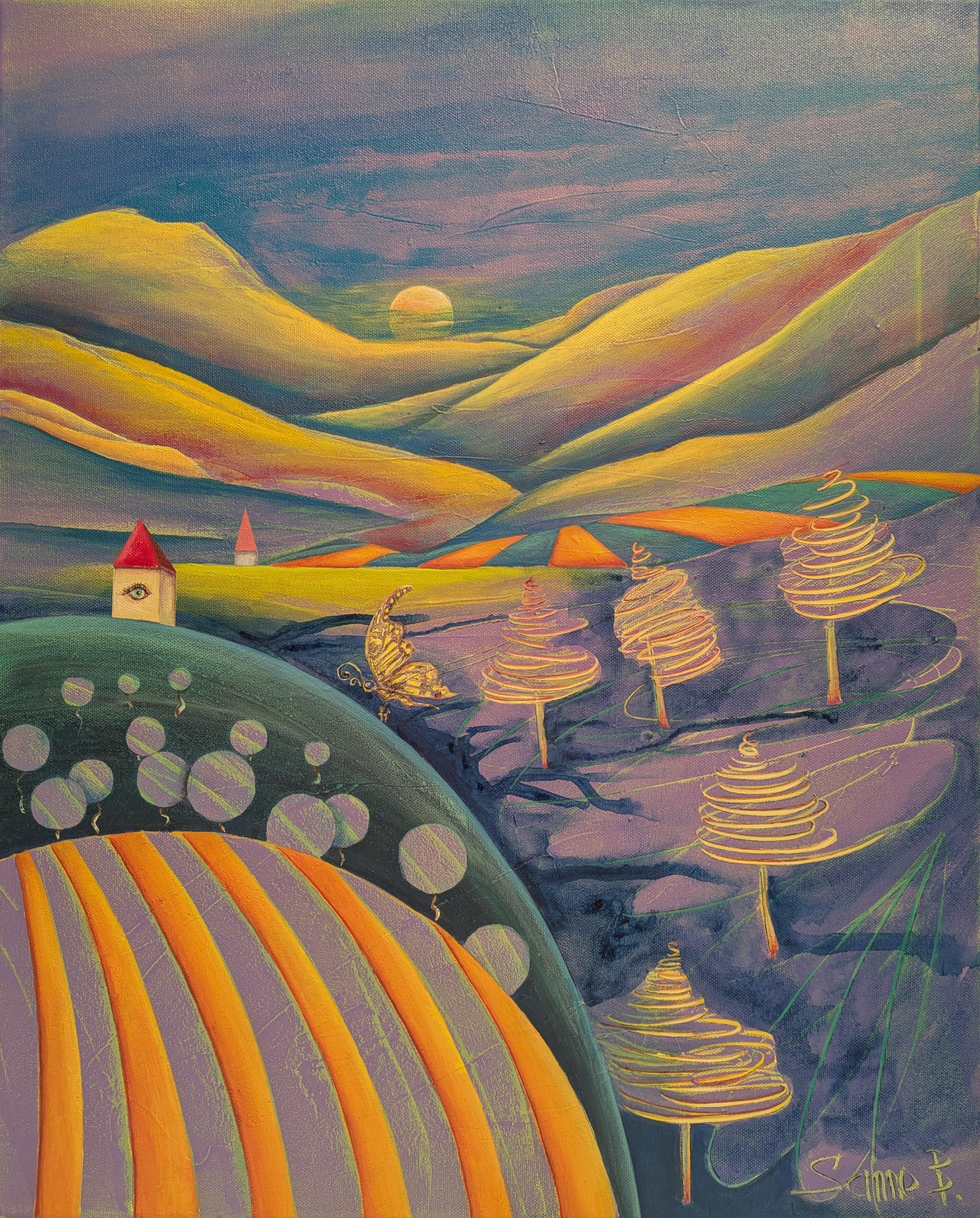 Abstract Painting di Sanne Bleka - Notte al chiaro di luna. Montagne, strisce, verticale, viola, arancione, impressionismo