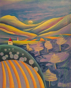 Moonlit night. Mountains, stripes, vertical, purple, orange, impressionism