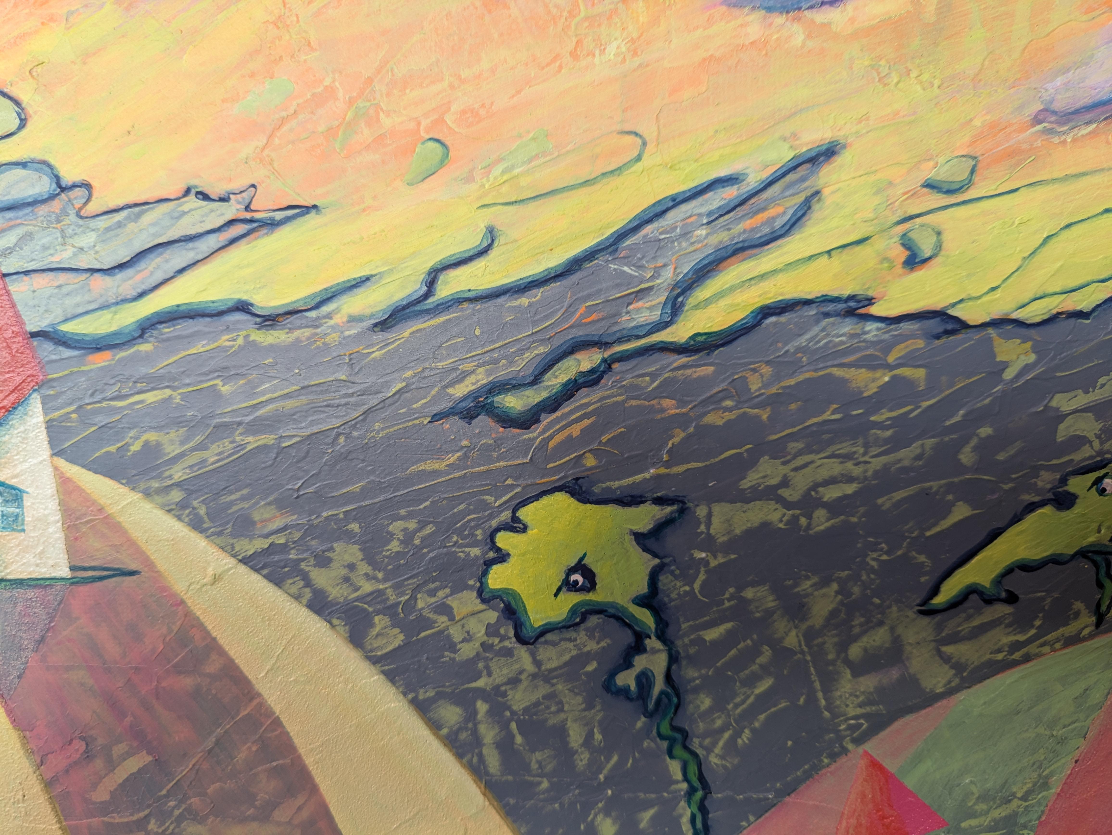 Der Morgen in den Bergen. Wind, Haus, Original, Farbe der Morgendämmerung, Öl, horizontal – Painting von Sanne Bleka