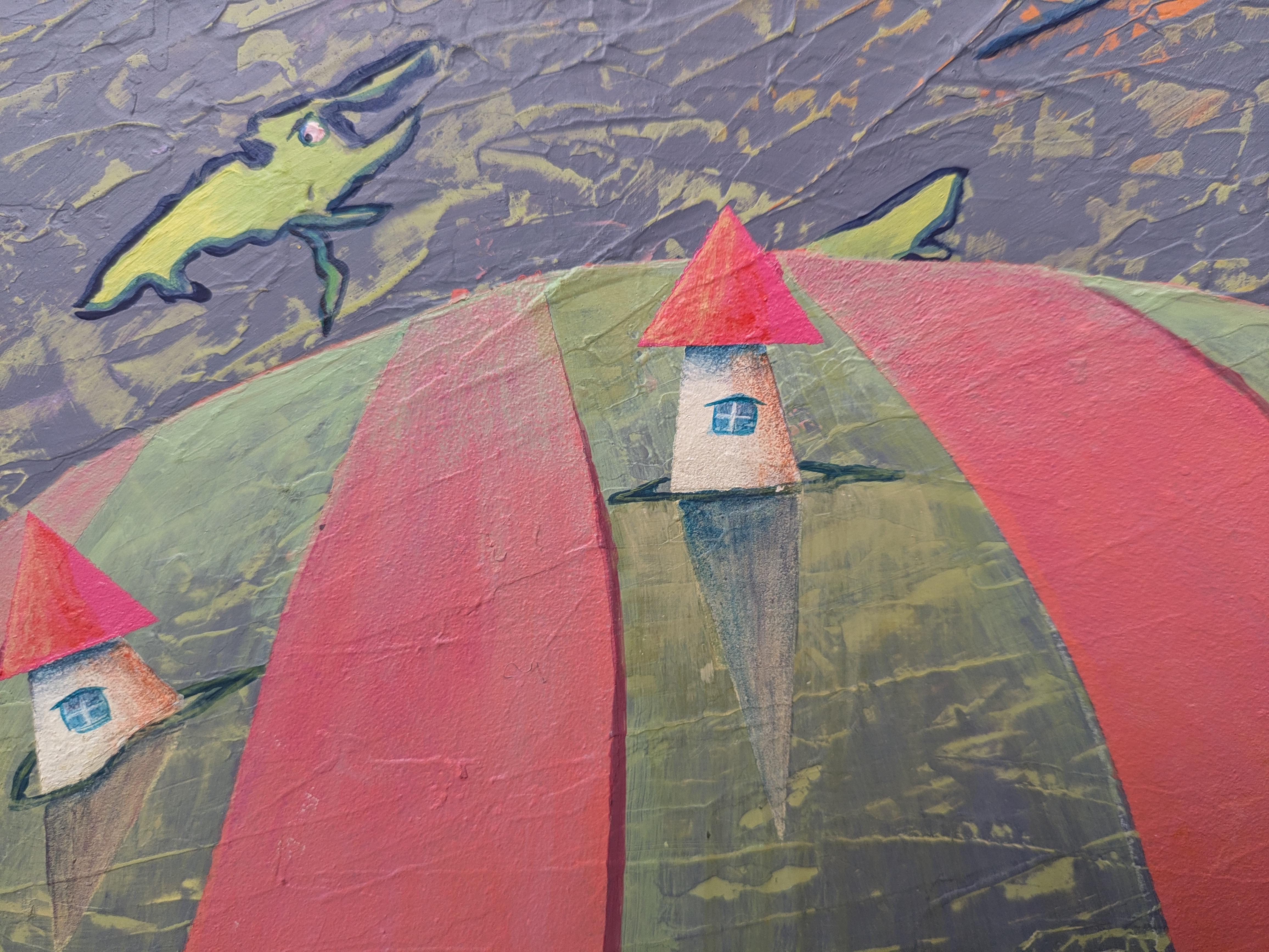 Der Morgen in den Bergen. Wind, Haus, Original, Farbe der Morgendämmerung, Öl, horizontal (Braun), Abstract Painting, von Sanne Bleka