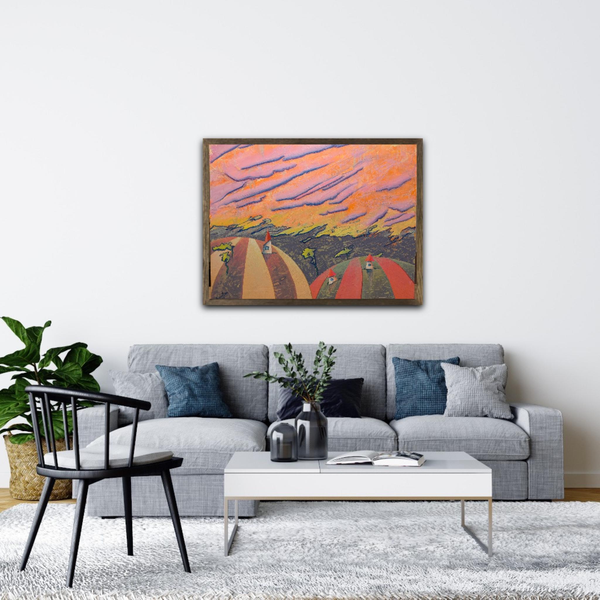 Der Morgen in den Bergen. Wind, Haus, Original, Farbe der Morgendämmerung, Öl, horizontal im Angebot 3