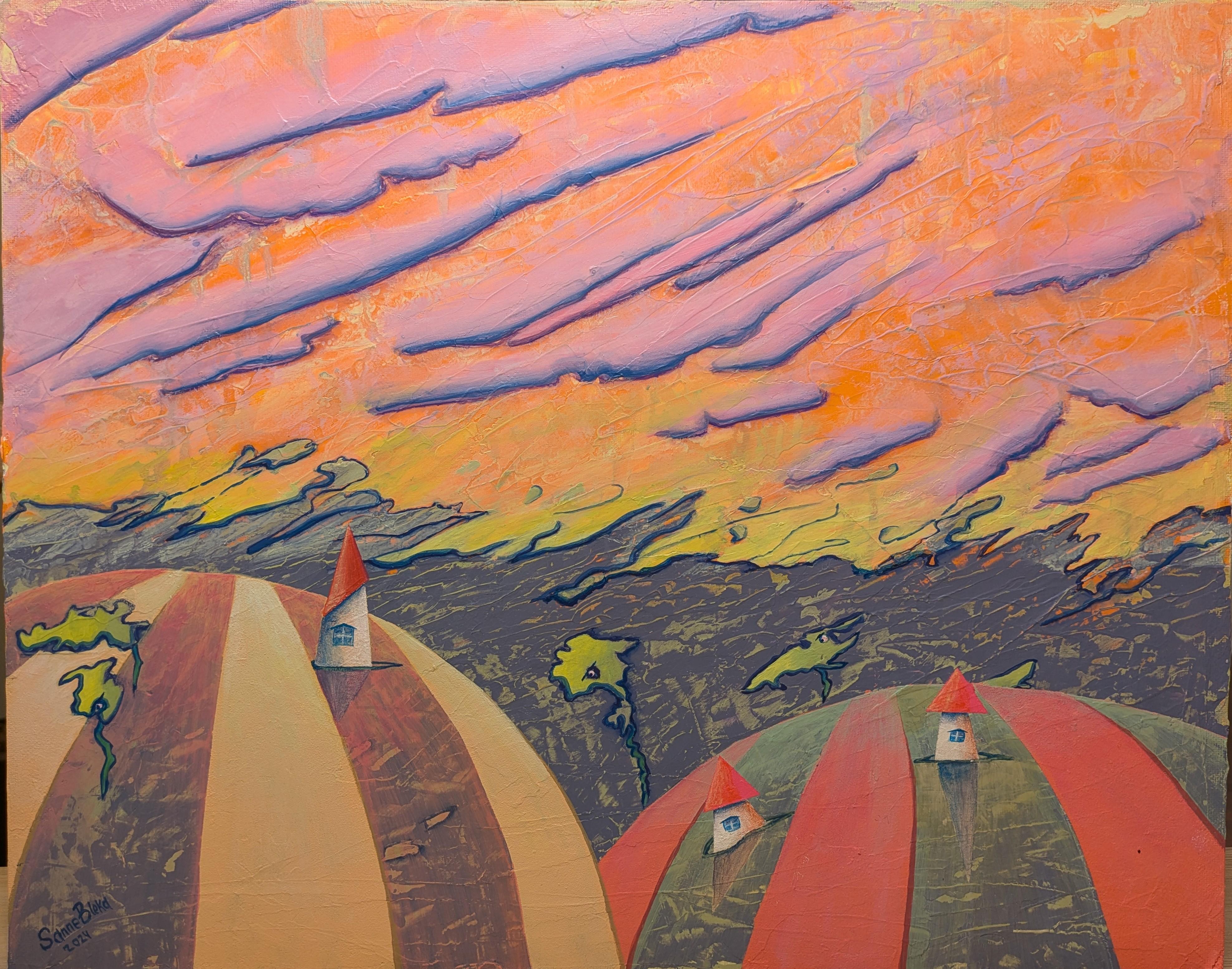 Sanne Bleka Abstract Painting – Der Morgen in den Bergen. Wind, Haus, Original, Farbe der Morgendämmerung, Öl, horizontal
