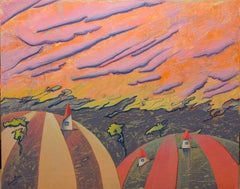 Morning in the mountains. Wind, house, original, color of dawn, oil, horizontal