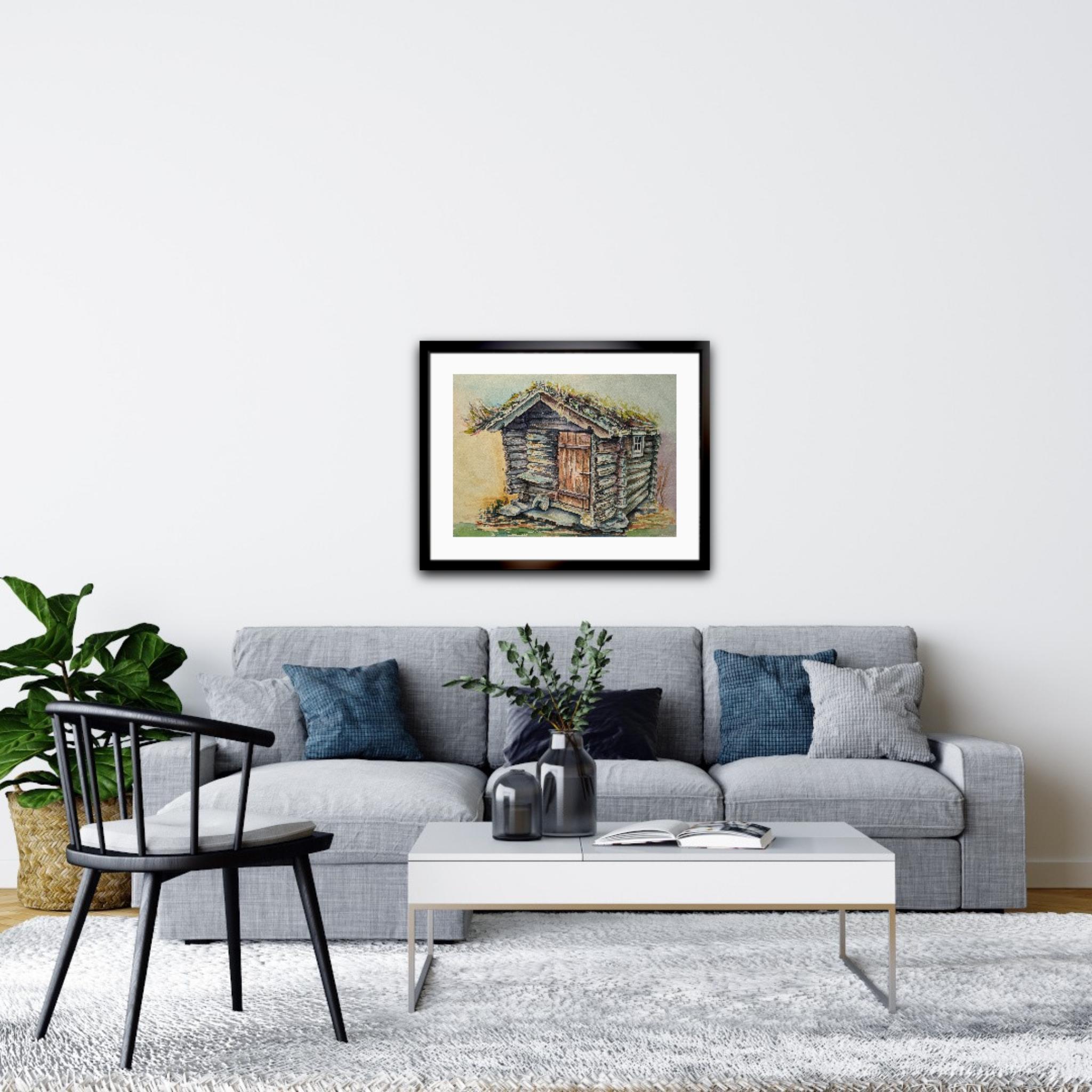 Casa noruega. Horizontal, acuarela, estilo rústico, casa de troncos - Art de Sanne Bleka