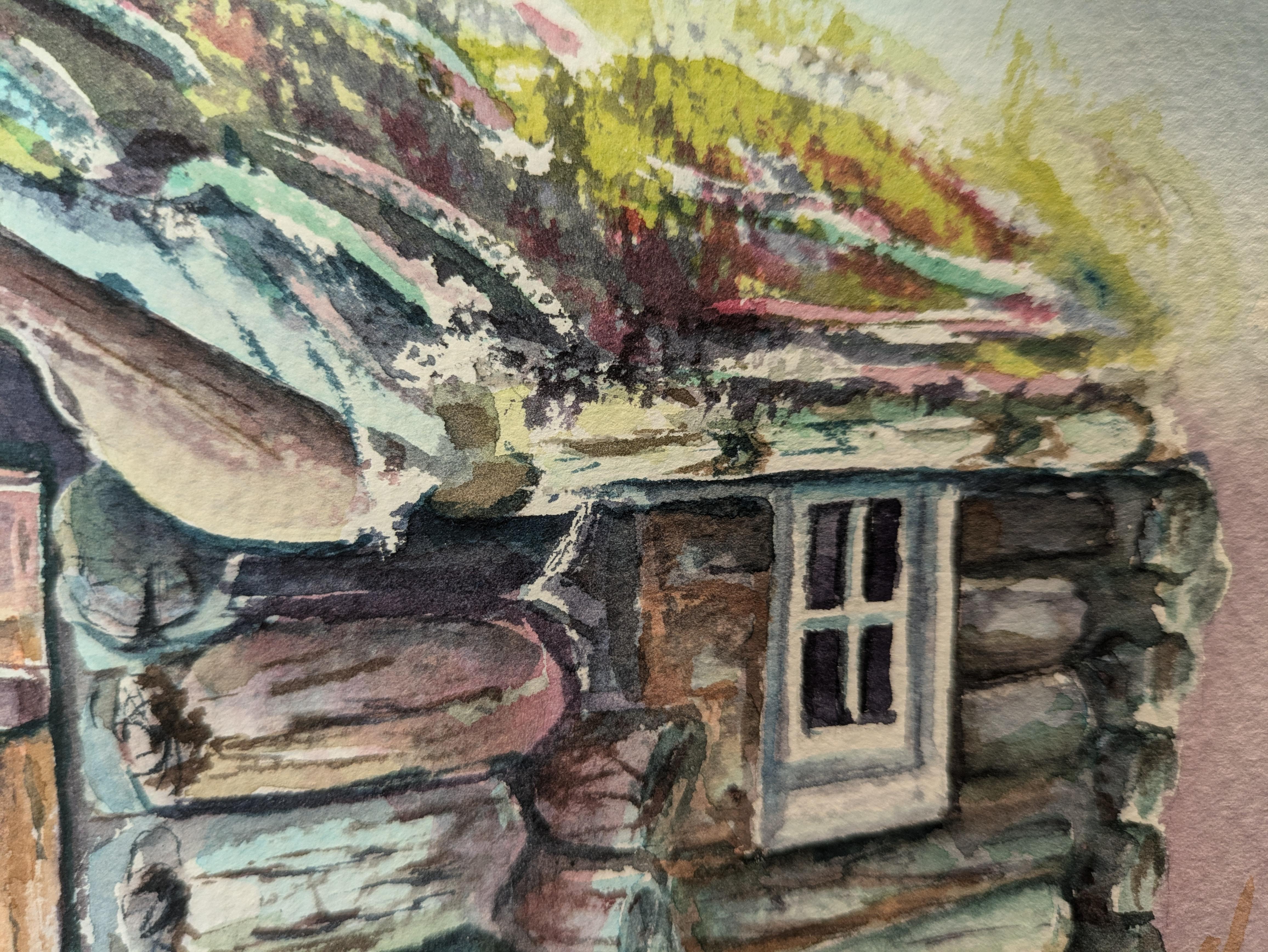Casa noruega. Horizontal, acuarela, estilo rústico, casa de troncos - Landscape Art Marrón de Sanne Bleka