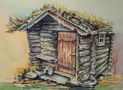 Casa noruega. Horizontal, acuarela, estilo rústico, casa de troncos