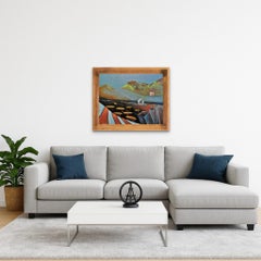 Saiboat Marina. Original landscape, contemporary painting, horizontal, brown
