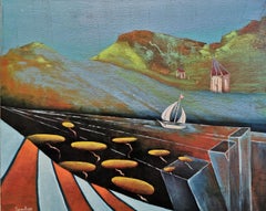 Saiboat Marina. Original landscape, contemporary painting, horizontal, brown