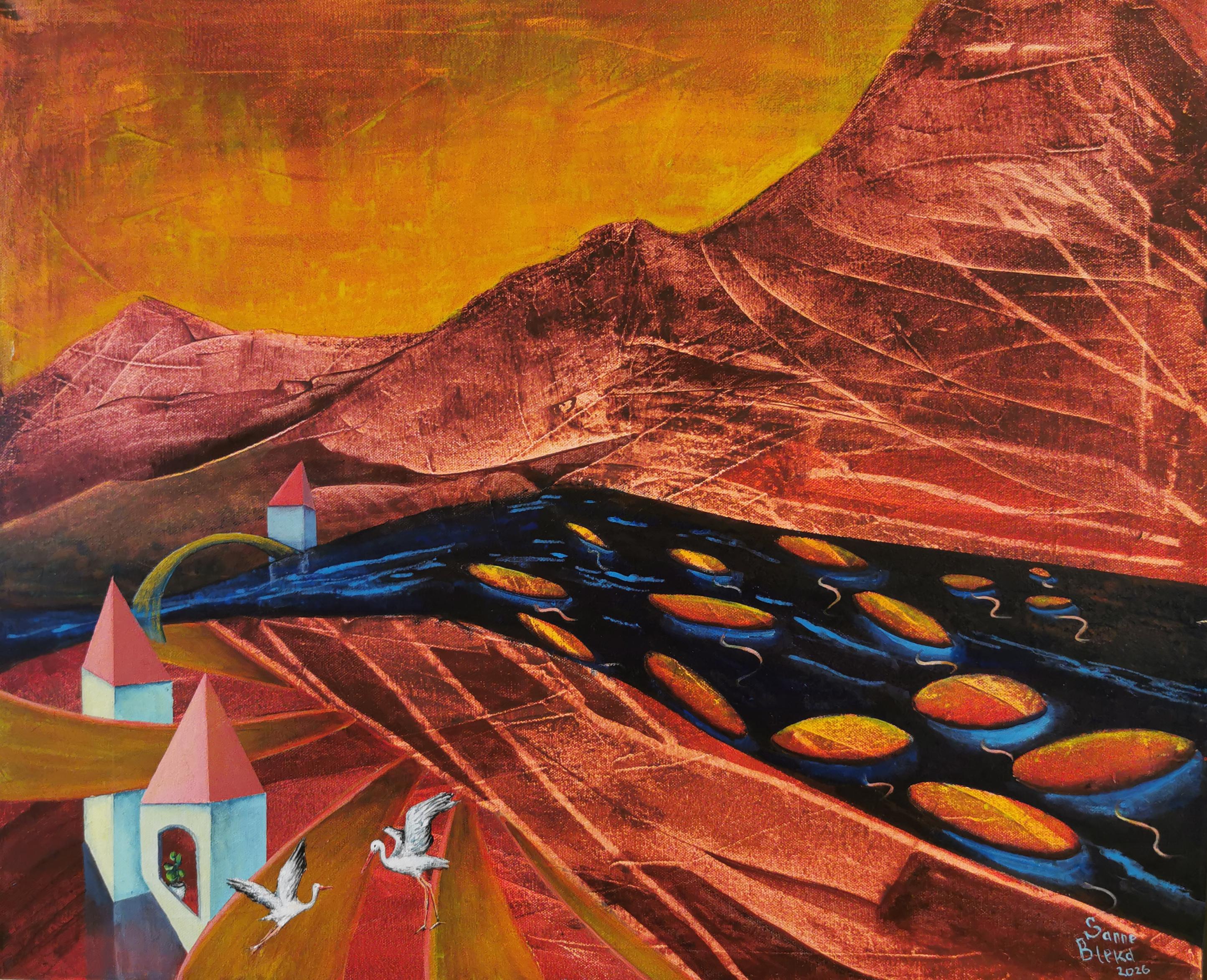 Sanne Bleka Landscape Painting - Stork in the mountains. Horizontal, medium size, mountains, impressionism