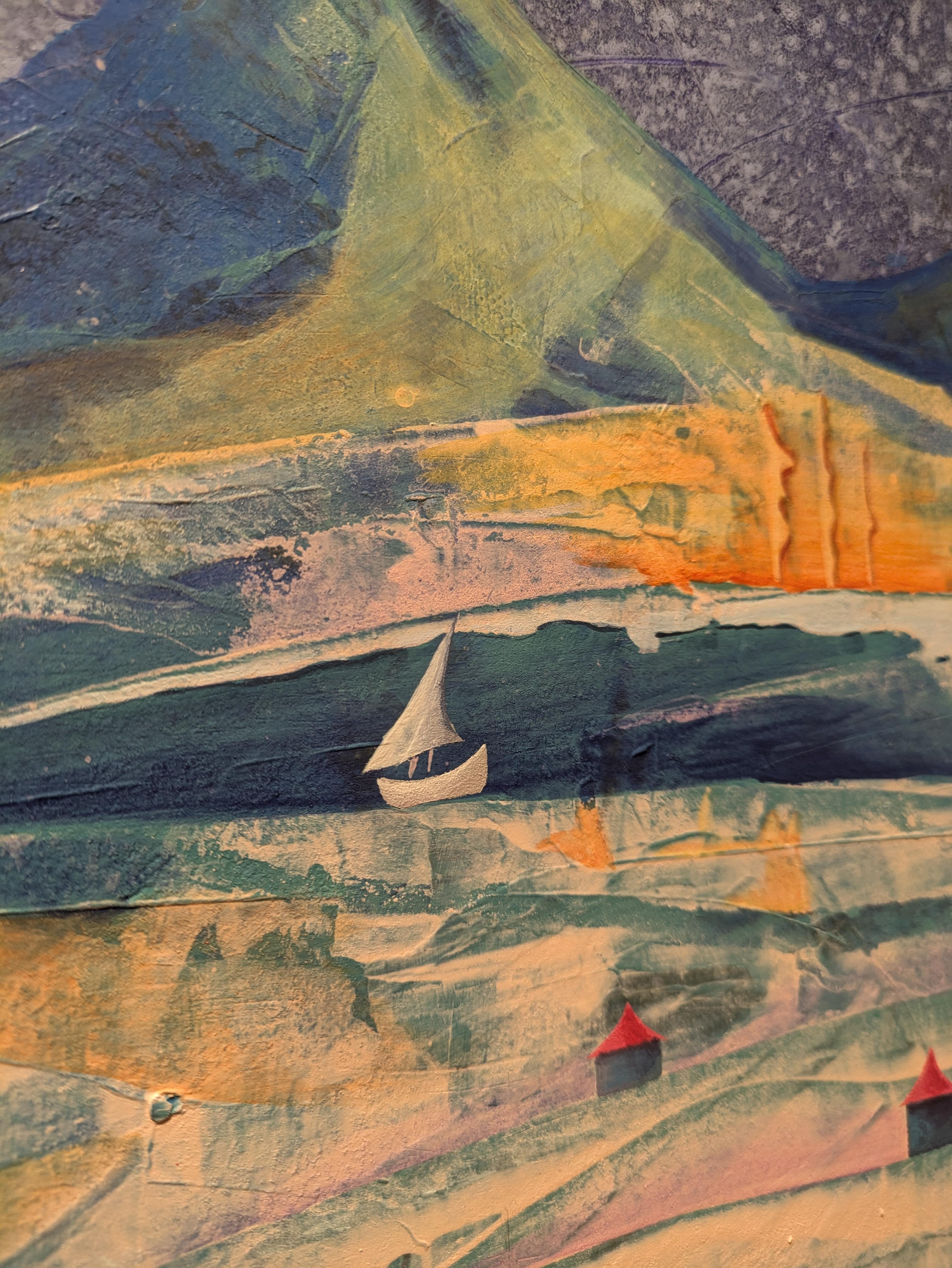 « Trois montagnes » Paysage futuriste. Huile sur toile. Horizontal - Impressionnisme Painting par Sanne Bleka