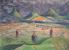"Three mountains" Futuristic landscape . Oil on canvas. Horizontal