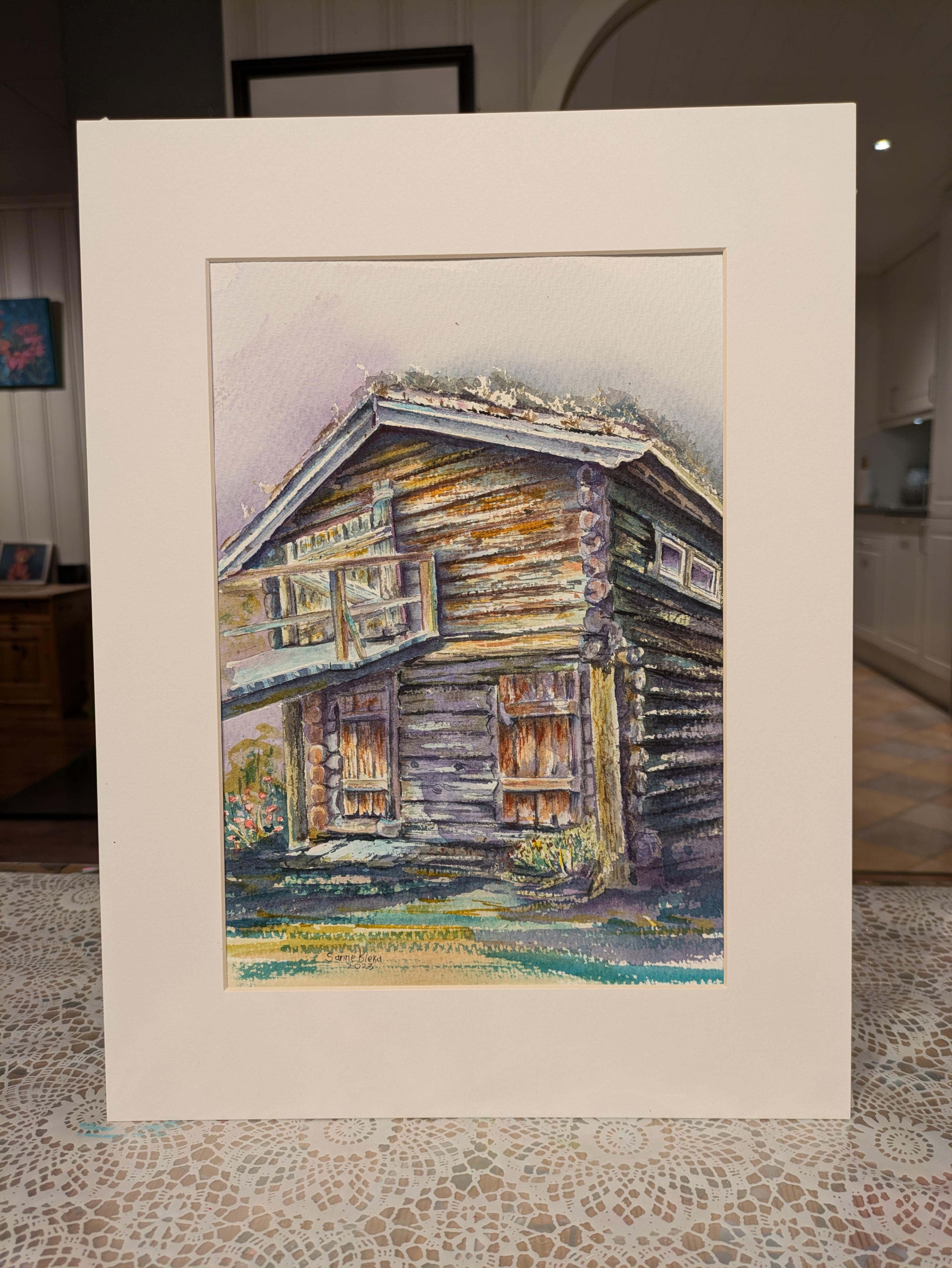 Haus aus Holz. Norwegen, Aquarell, rustikal, klein, Skandinavien, Scheune – Art von Sanne Bleka
