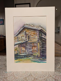 Timber house. Norway, watercolor, rustic, small, Scandinavia, barn