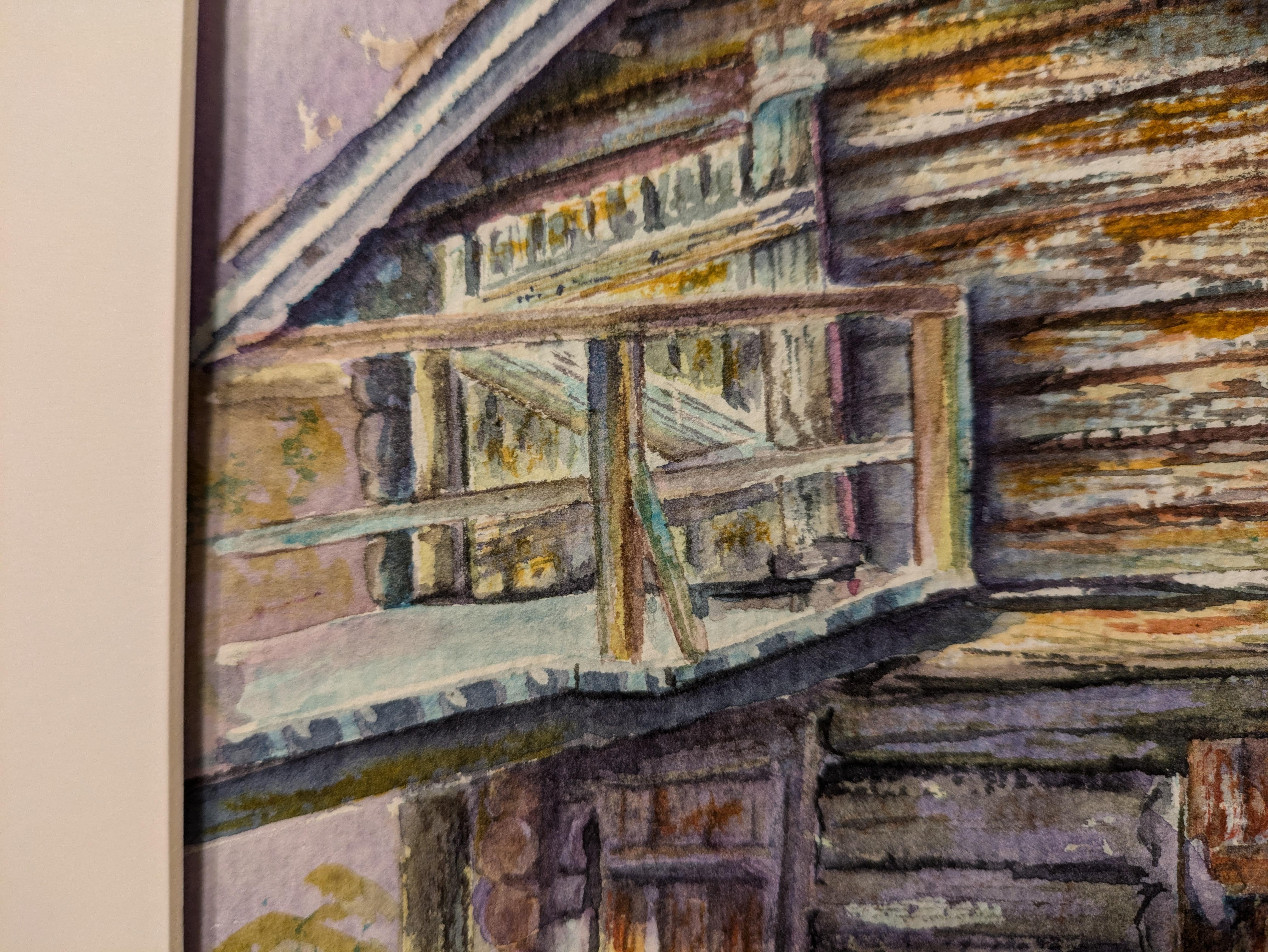 Haus aus Holz. Norwegen, Aquarell, rustikal, klein, Skandinavien, Scheune (Grau), Landscape Art, von Sanne Bleka