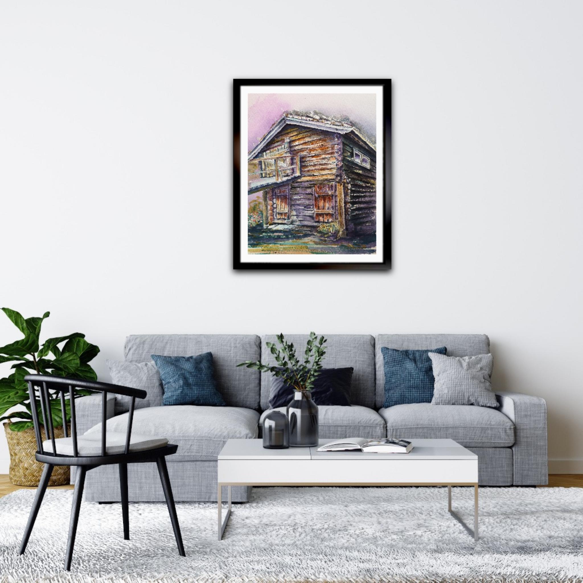 Das Bild zeigt ein typisch skandinavisches Holzhaus. Holzhäuser sind in Norwegen Denkmäler. Dieses Gebäude ist typisch für den mittleren Teil Norwegens. Die Zeit zerstört diese Häuser, aber der Künstler hält sie in seinen Gemälden lebendig. Das Werk