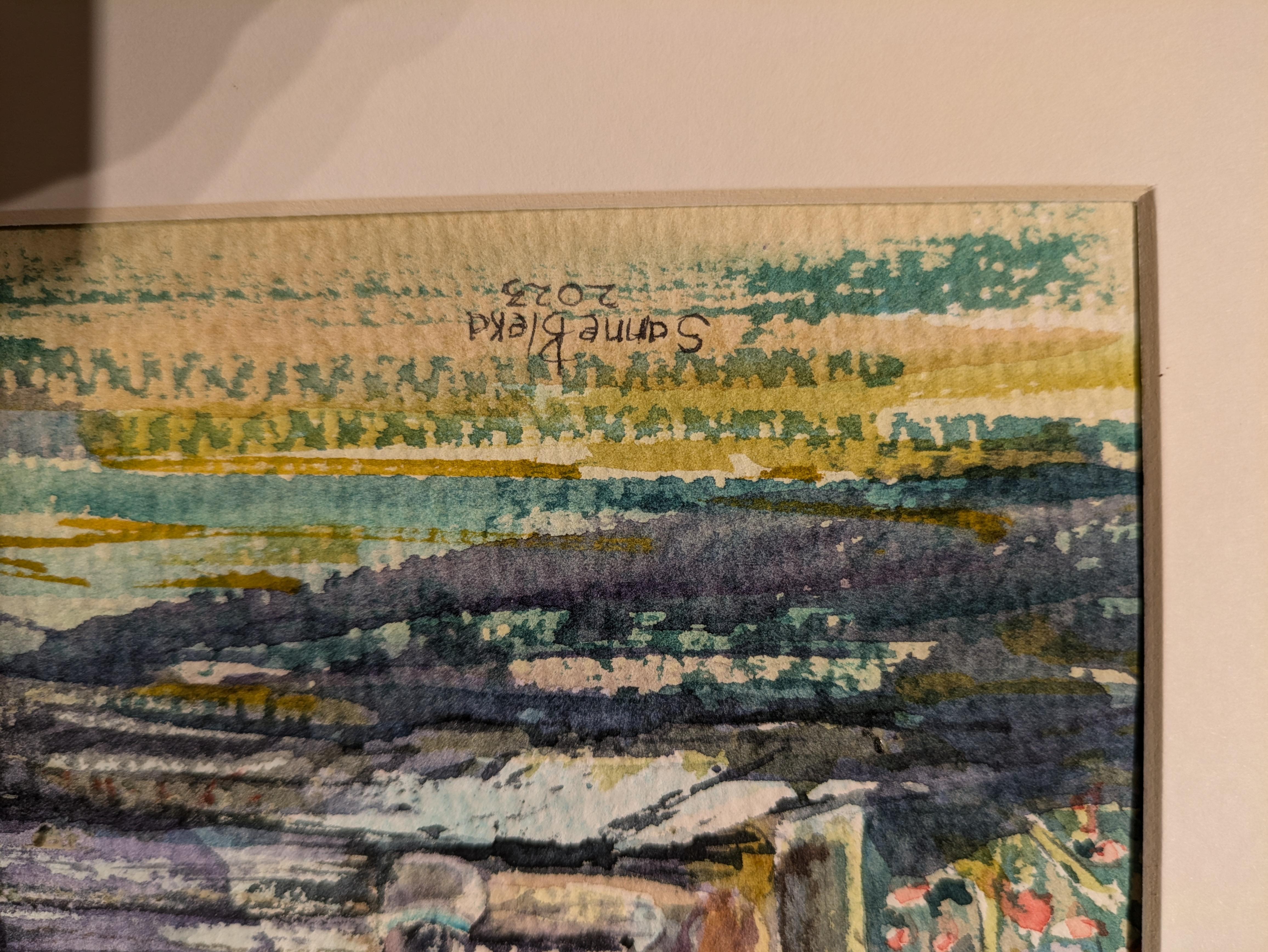 Haus aus Holz. Norwegen, Aquarell, rustikal, klein, Skandinavien, Scheune im Angebot 1