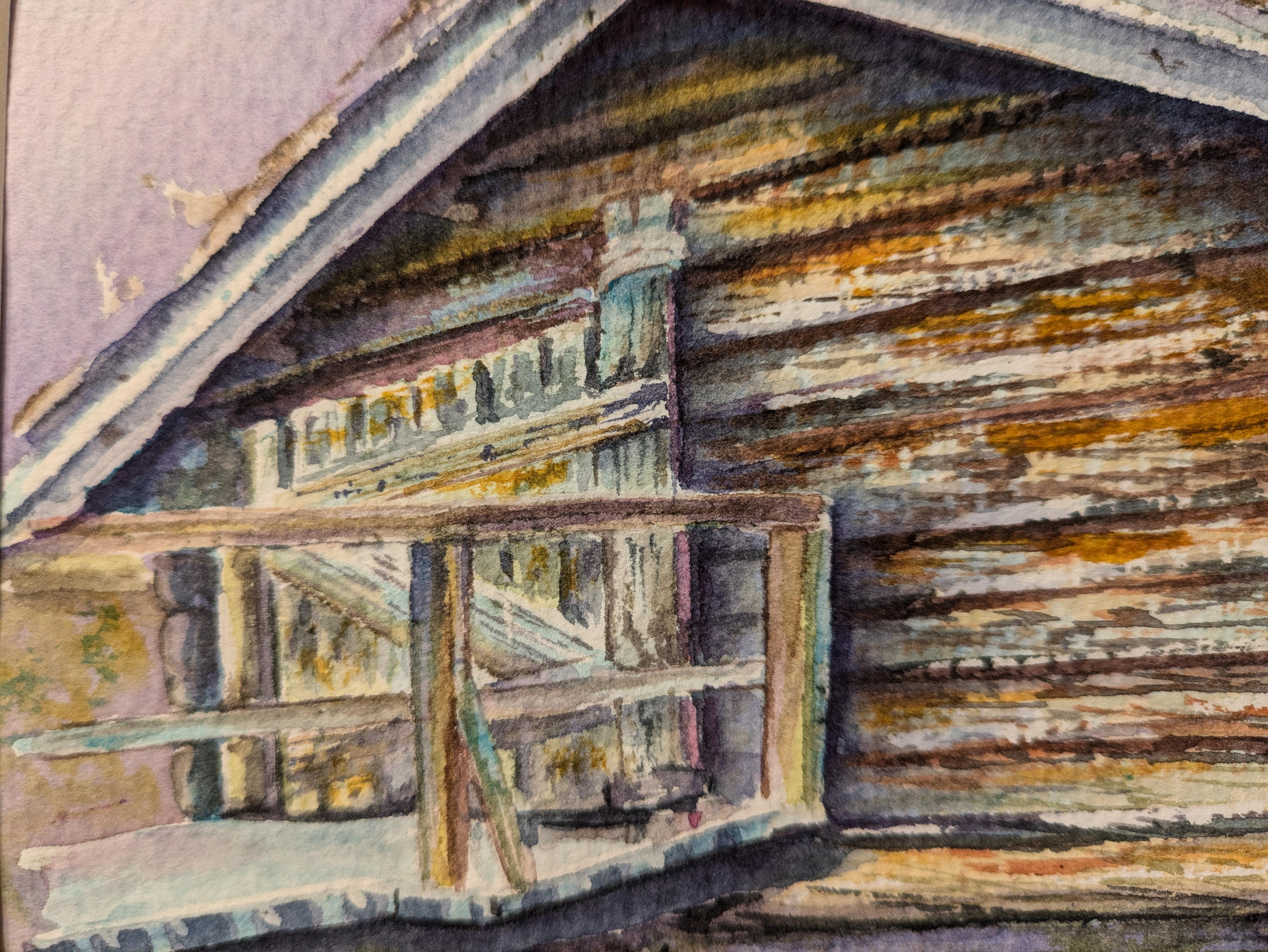 Haus aus Holz. Norwegen, Aquarell, rustikal, klein, Skandinavien, Scheune im Angebot 2