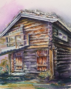 Casa de madera. Noruega, acuarela, rústico, pequeño, Escandinavia, granero