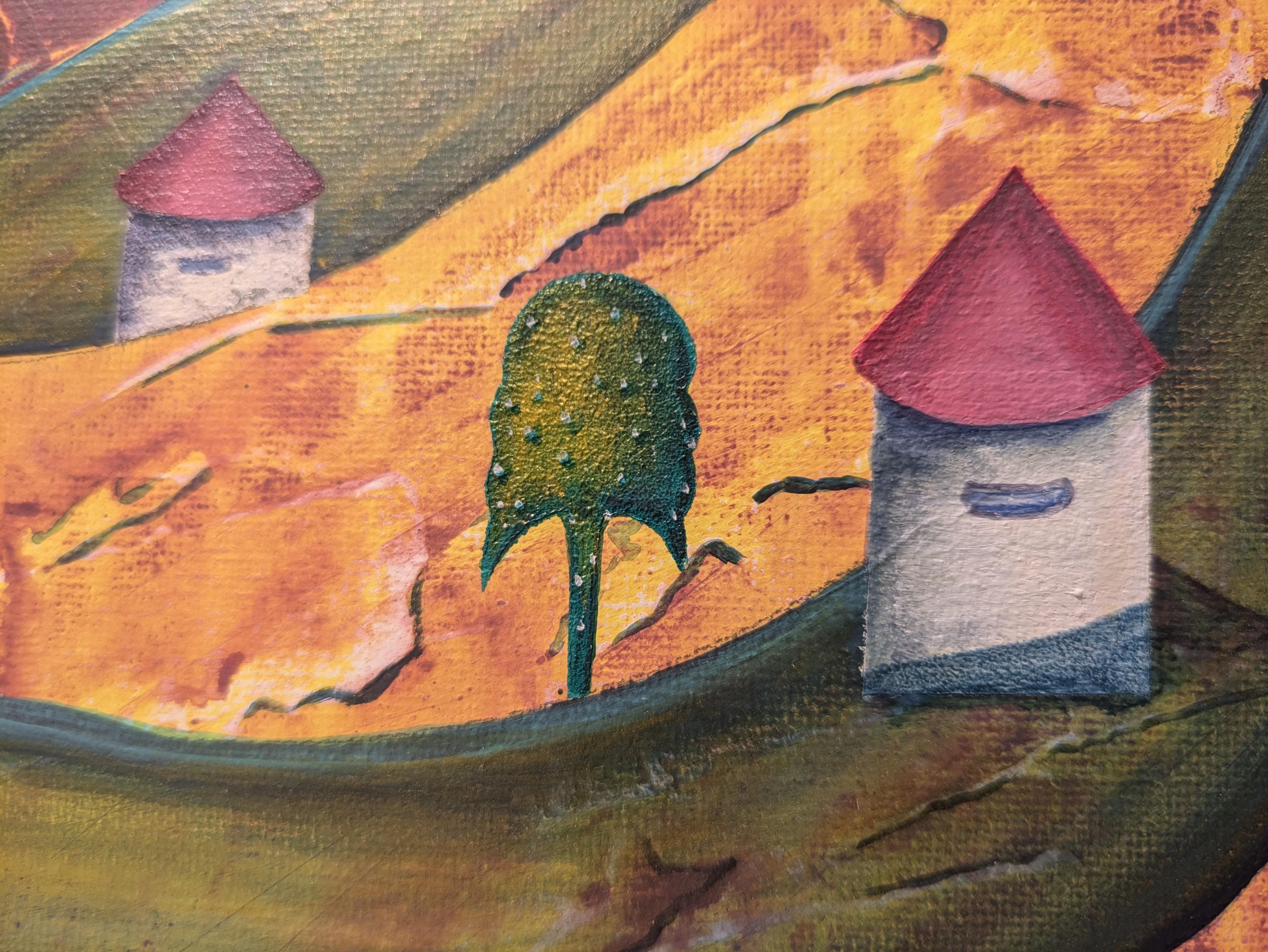 Un villaggio nel deserto. Contemporaneo, semi-astratto, paesaggio, orizzontale, olio - Painting di Sanne Bleka