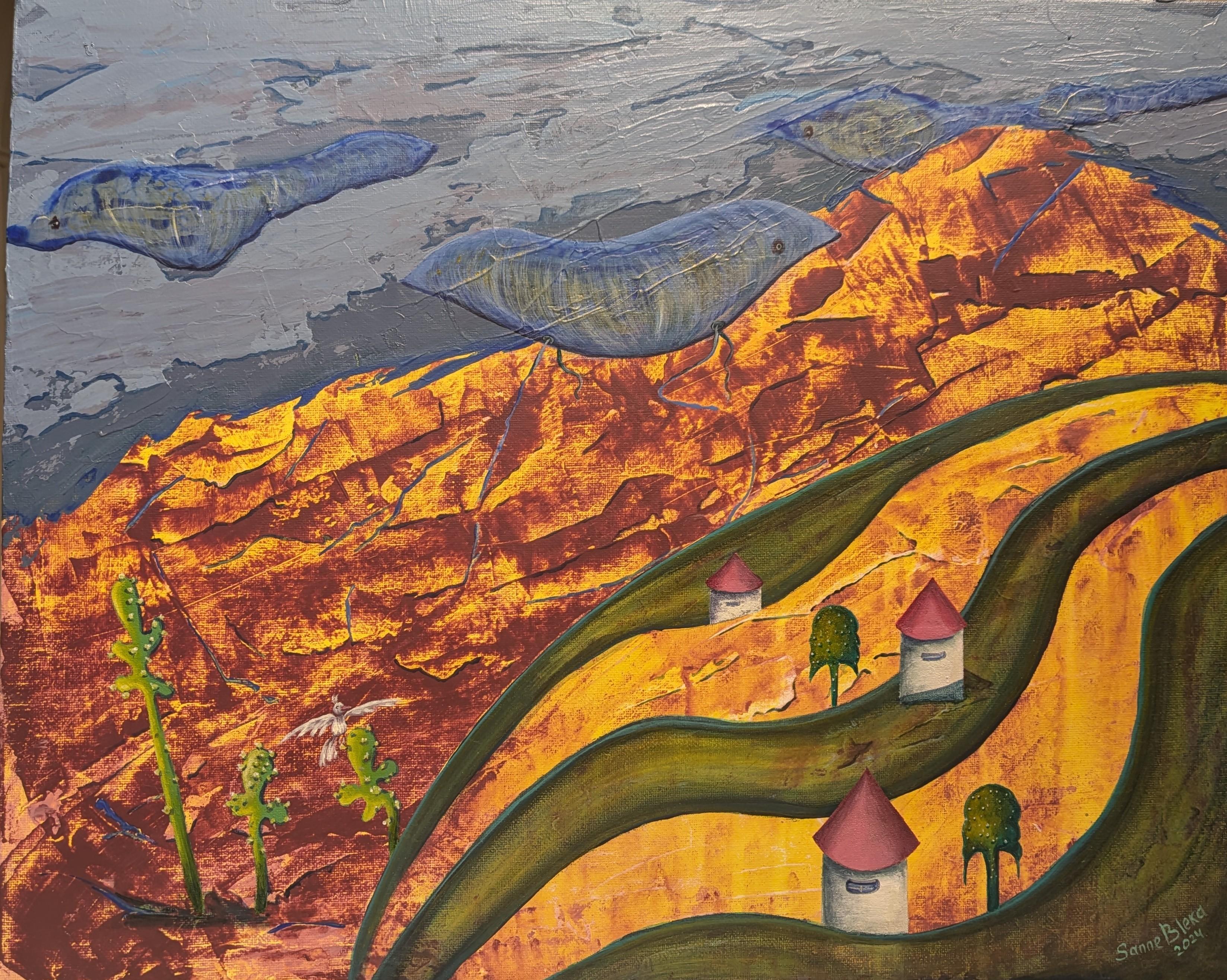 Abstract Painting di Sanne Bleka - Un villaggio nel deserto. Contemporaneo, semi-astratto, paesaggio, orizzontale, olio