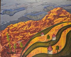 Village dans le désert. Contemporain, semi-abstrait, paysage, horizontal, huile