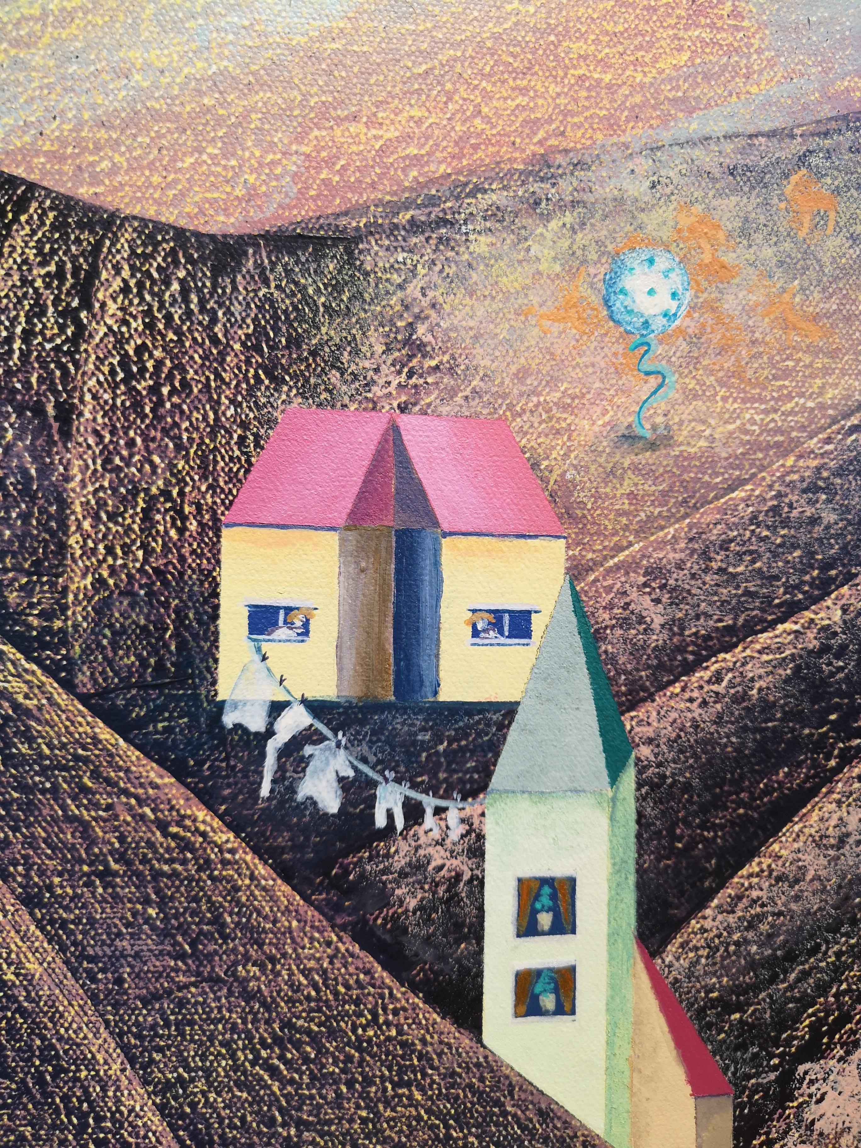 Viento en las montañas. Paisaje futurista - Landscape Painting Beige de Sanne Bleka
