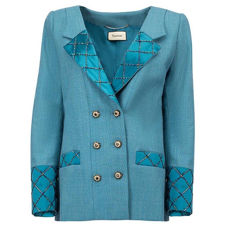Blazer double boutonnage à carreaux sarcelle et perles Taille M